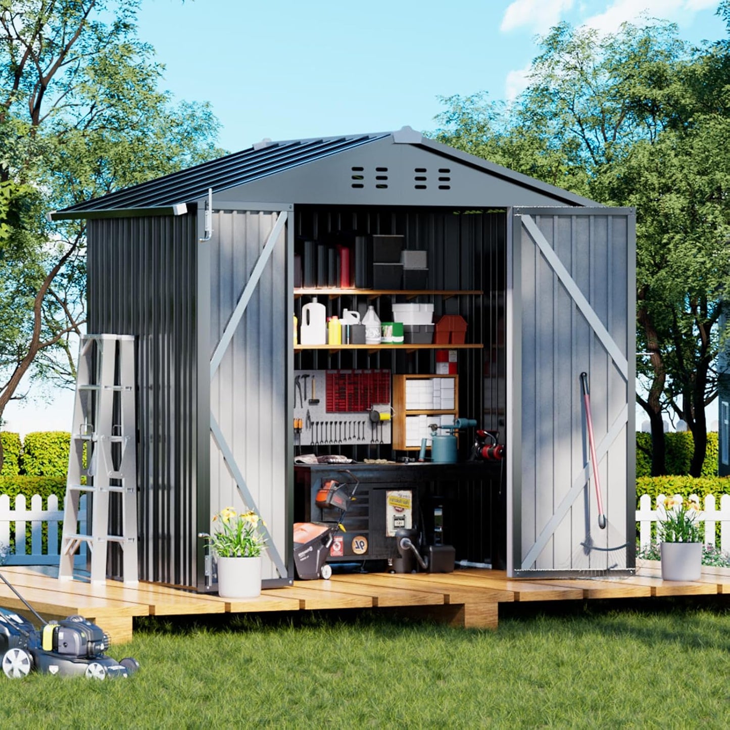 COMHOMA Shed Outdoor Storage Shed Metal,Lockable Doors Tool Sheds with Sloping Roof,Steel Garden Shed with Air Vent for Backyard,Patio,Lawn,Poolside (Grey, 5x3)
