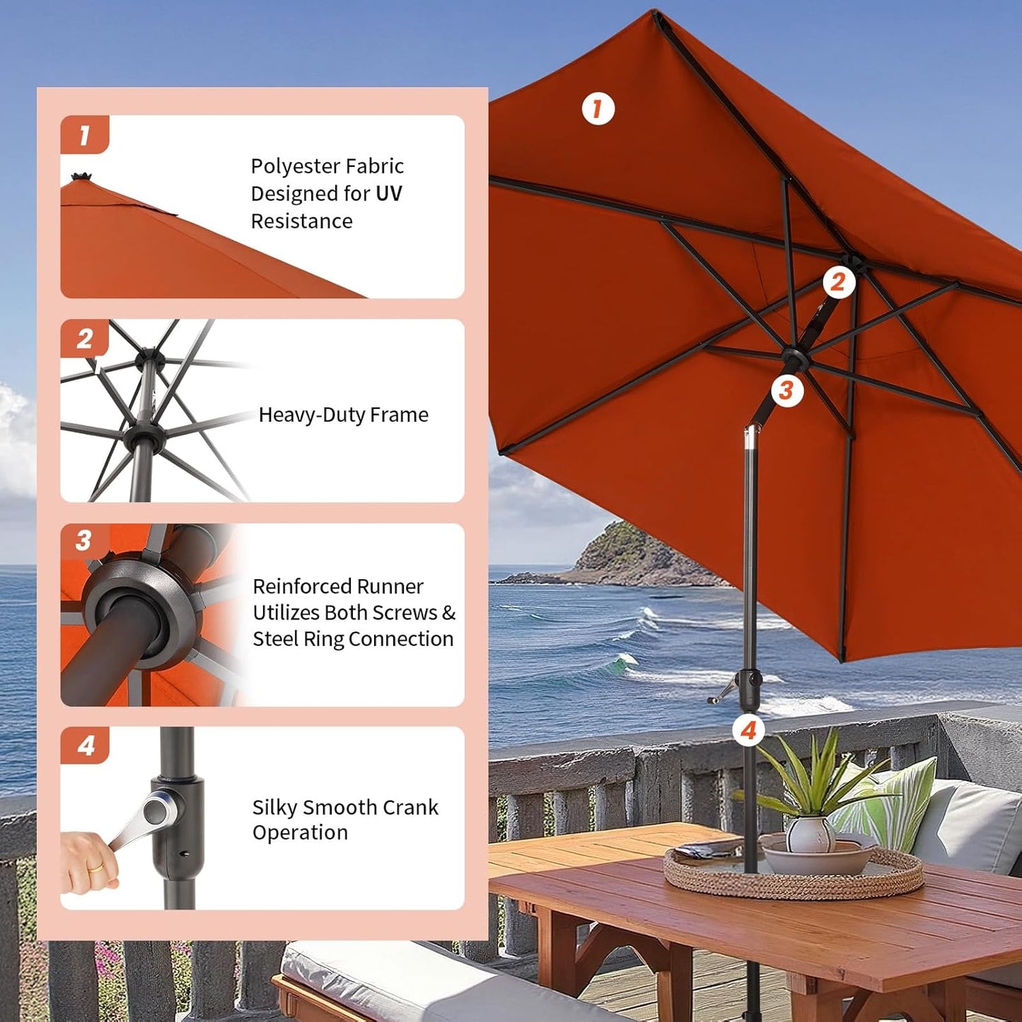 CROWN SHADES 9 Ft Patio Umbrella - Polyester Outdoor Umbrella with 30° Push Button Tilt, Patented Edge Connection Windproof Design for Patio, Pool, Garden & Table, UV Resistent