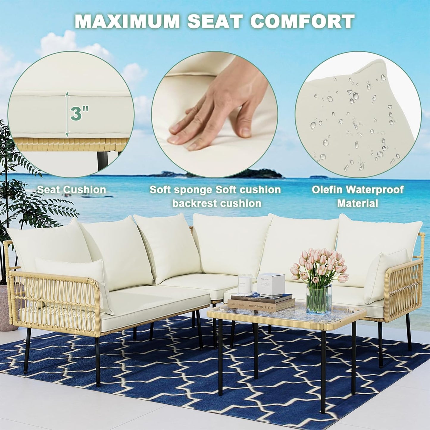 LYNSLIM Patio Furniture Set, Outdoor All-Weather Rattan Patio Sectional Couch Set, Boho Outdoor Sofa Set with Water Resistant Thick Cushions of Garden, Backyard (4 Piece Large Patio Furniture Set)
