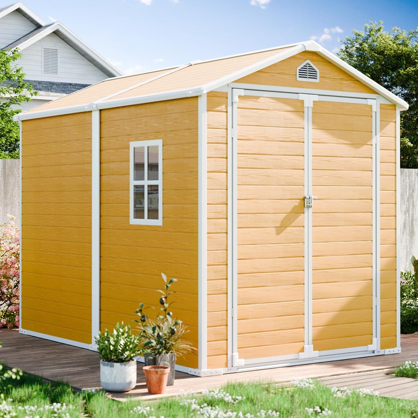 8x6x7 FT Resin Storage Shed, Waterproof Outdoor Storage Shed w/Floor, 2 Windows, Double Lockable Doors & Vents, Tool Shed for Patio Garden, Lawn, Backyard, Dove Grey