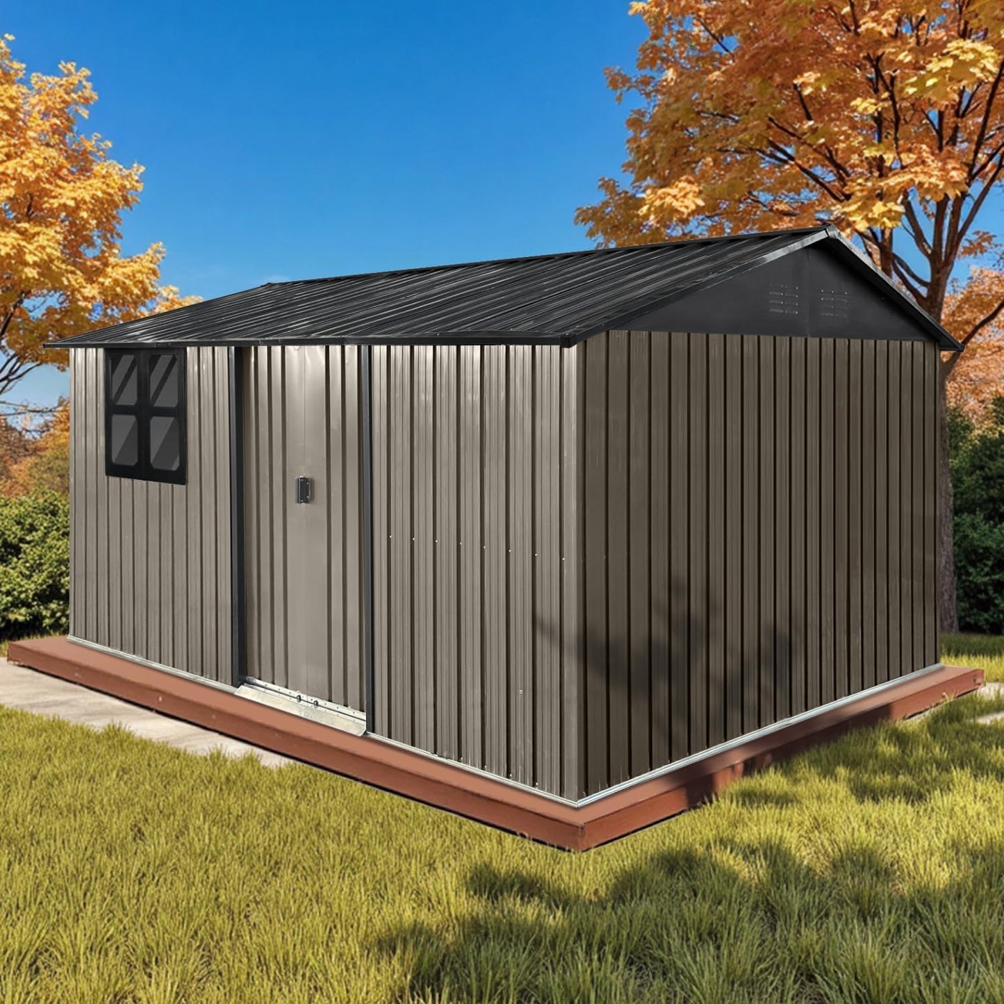 12x10 Ft Storage Shed Outdoor, XL Permanent Steel Building with Window, Sliding Doors and 4 Air Vents for Backyard Garden Patio Lawn - Black