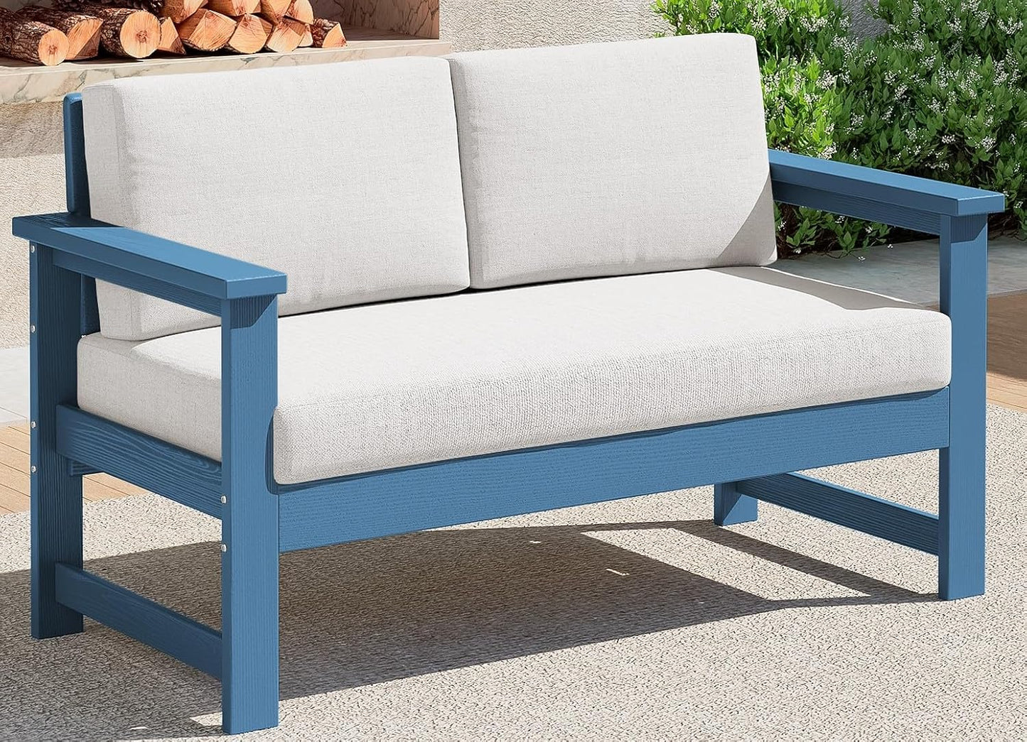 SERWALL 8 Pieces HDPE Outdoor Conversation Sofa Set with Cushions, All Weather Use Patio Couch Loveseat Furniture with Side Table for Balcony, Deck, Poolside, Black Frame with Khaki Cushions