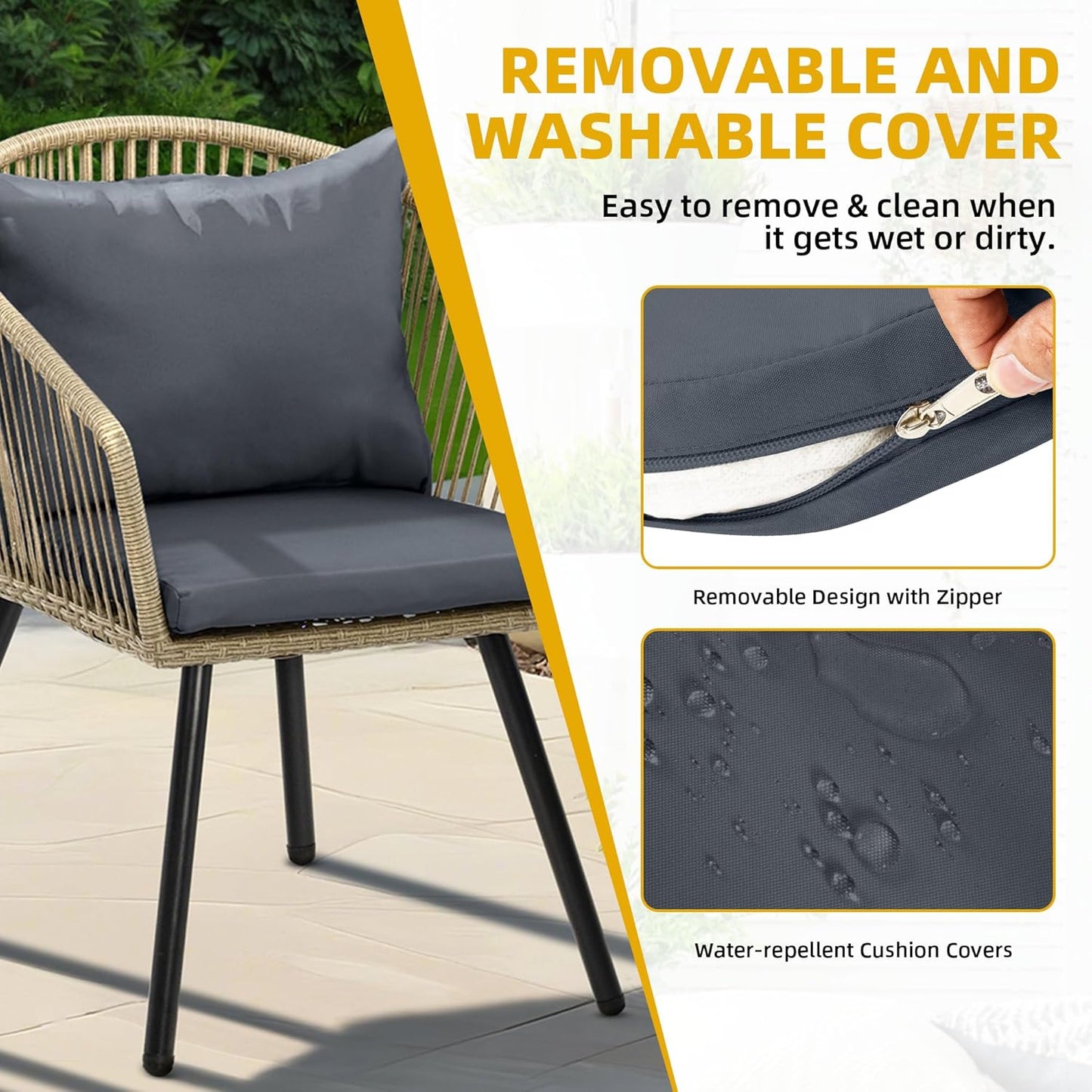 DWVO Bistro Table and Chairs Set of 2, Outdoor Patio Furniture Set with Cushion Chairs and Glass Table, Front Porch Furniture for Backyard, Deck, and Balcony, Gray