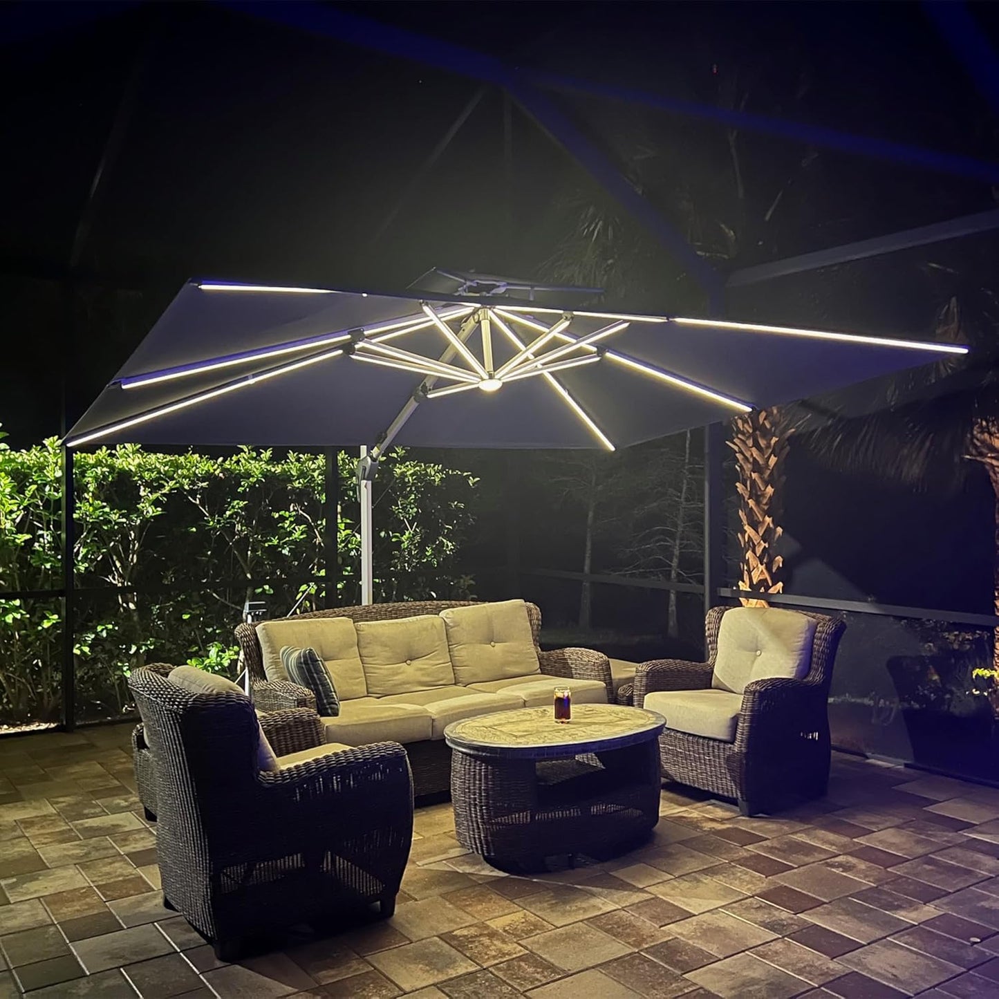 PURPLE LEAF 9' X 12' Solar Powered LED Patio Umbrella Cantilever Umbrellas Offset Double Top Hanging Outdoor Umbrella Market Umbrellas for Garden, Heather Taupe