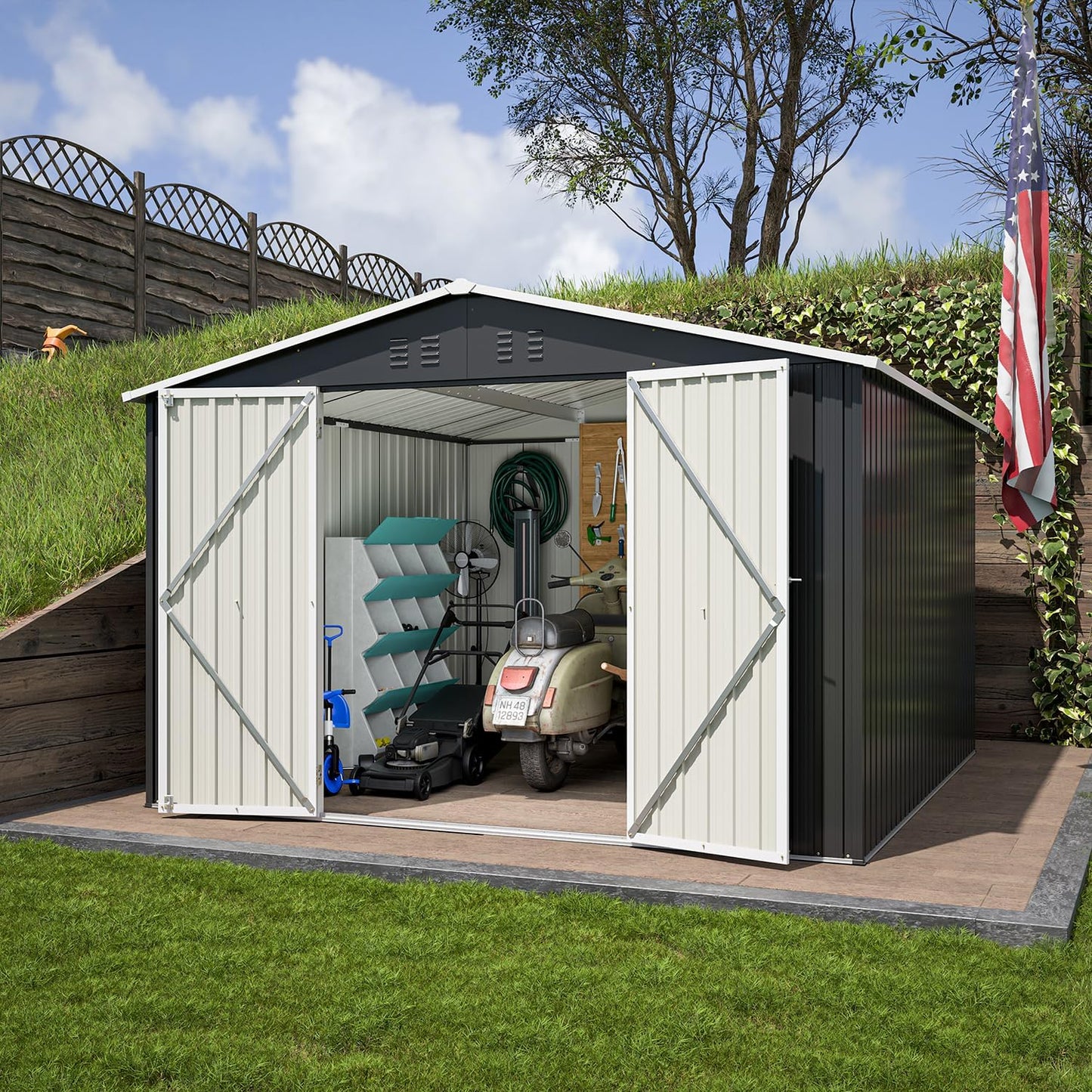 Large Storage Shed 11x12.5ft with Windows, Galvanized Steel Outdoor Garden Shed - 900 Cu.Ft Utility Tool Room, Lockable Double Doors & Sloped Roof for Patio, Backyard (Brown)