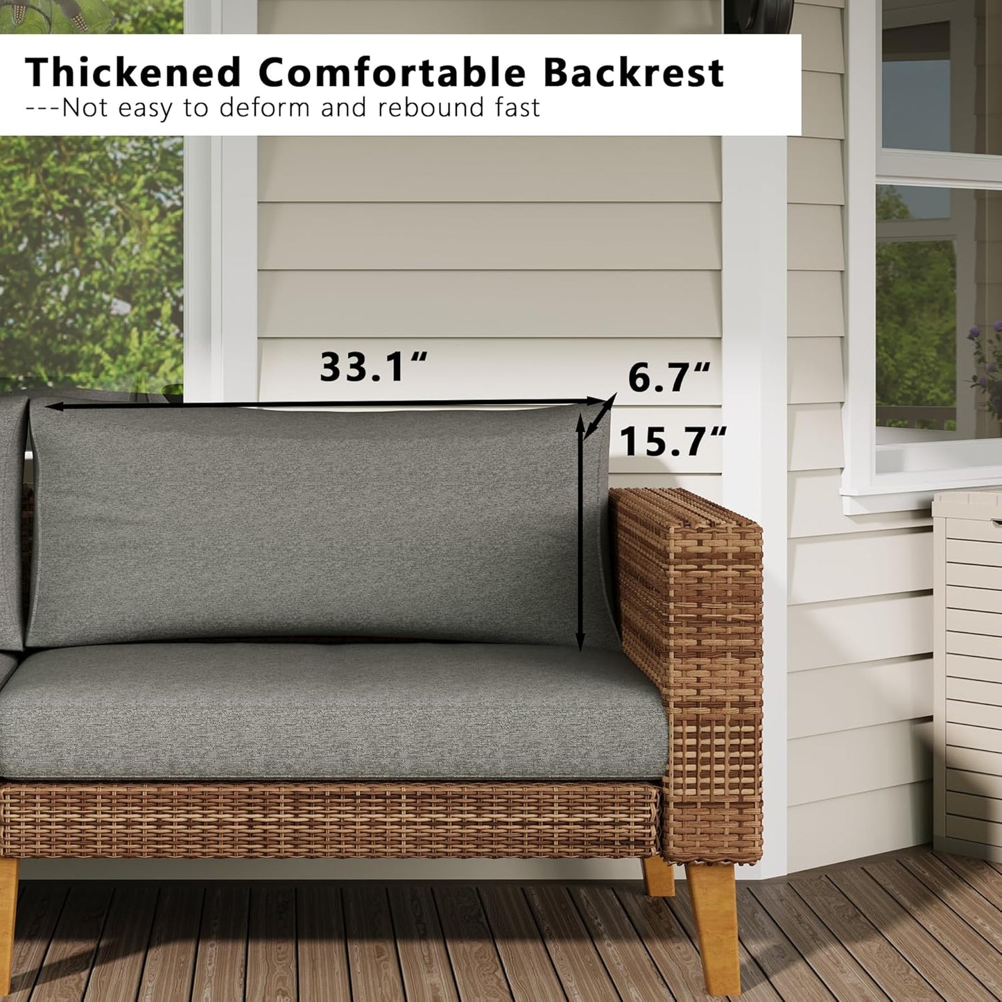 WiberWi Outdoor Couch, All Weather Patio Sofa with Acacia Wood Legs, PE Wicker Outdoor Furniture Deep Seating, Rattan Loveseat for Garden, Backyard, Balcony and Porch, Grey