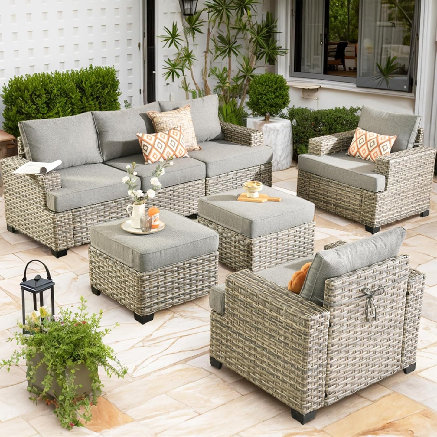 15-Piece Outdoor Sectional Sofa Set w/ 54" Fire Pit – L-Shaped Wicker Patio Furniture, Deep Seating & Swivel Rockers, Black