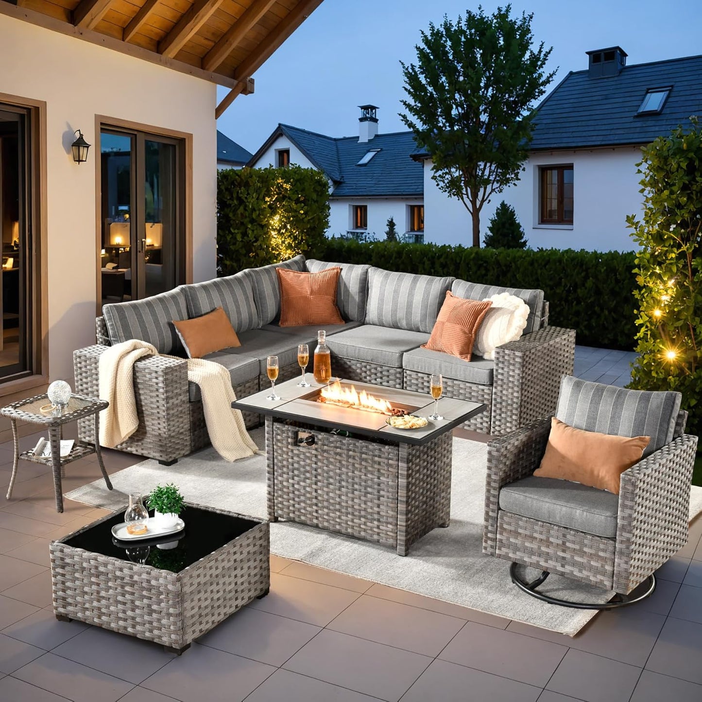 ovios 16 Pieces Patio Furniture Set, Outdoor Wicker Sectional Sofa with 54" Fire Pit Table Swivel Chairs, Modern Modular Deep Seat Rattan Couch Conversation Sets, Beige