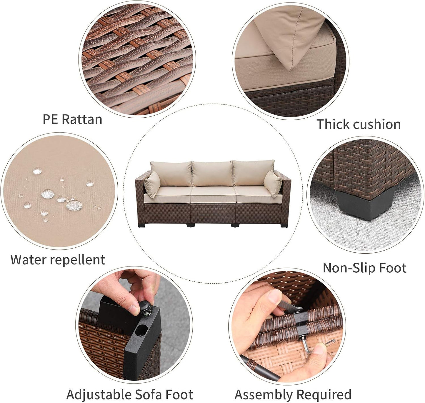 WAROOM Patio Couch PE Wicker 3-Seat Outdoor Brown Rattan Sofa Deep Seating Furniture with Non-Slip Beige Cushion