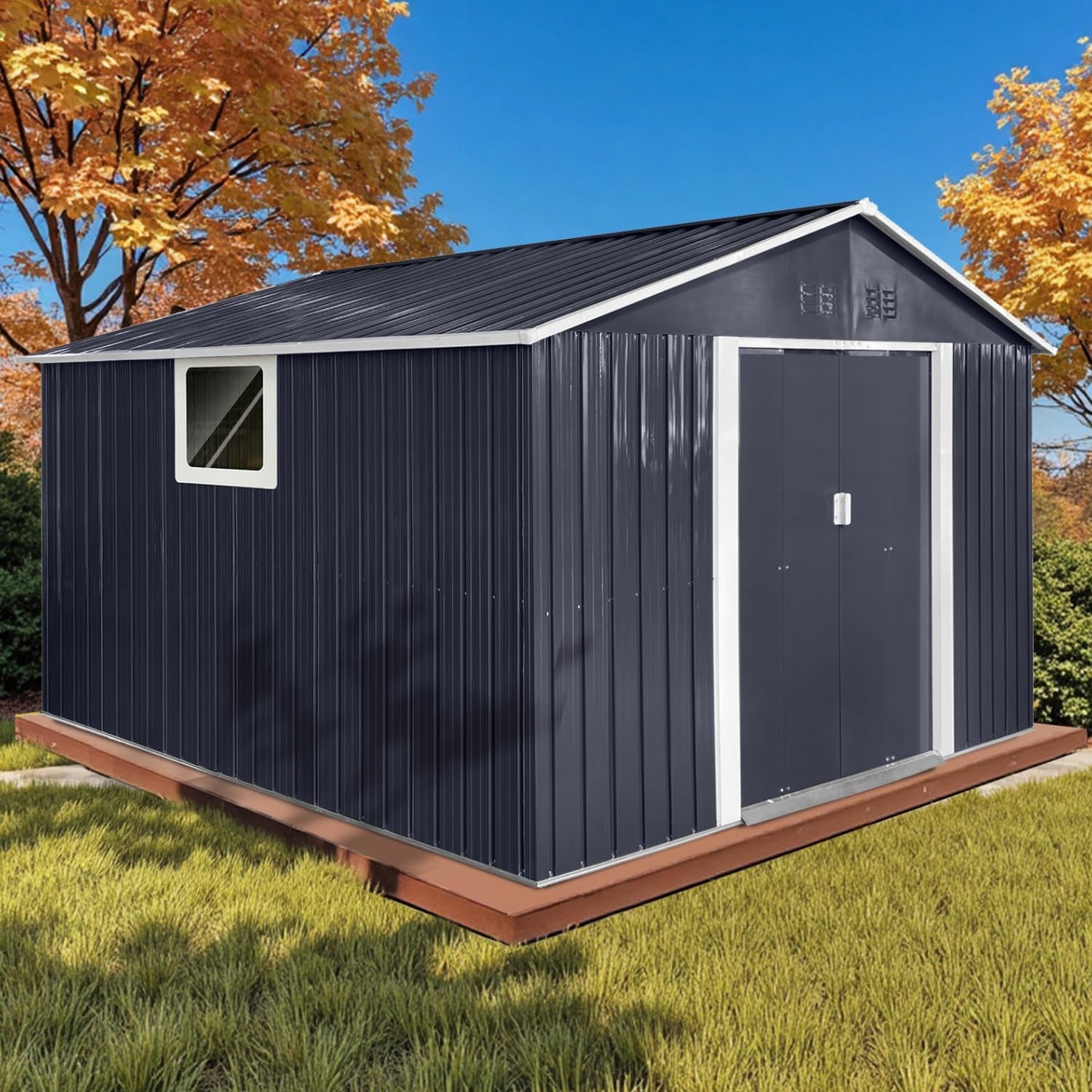 12x10 Ft Storage Shed Outdoor, XL Permanent Steel Building with Window, Sliding Doors and 4 Air Vents for Backyard Garden Patio Lawn - Black