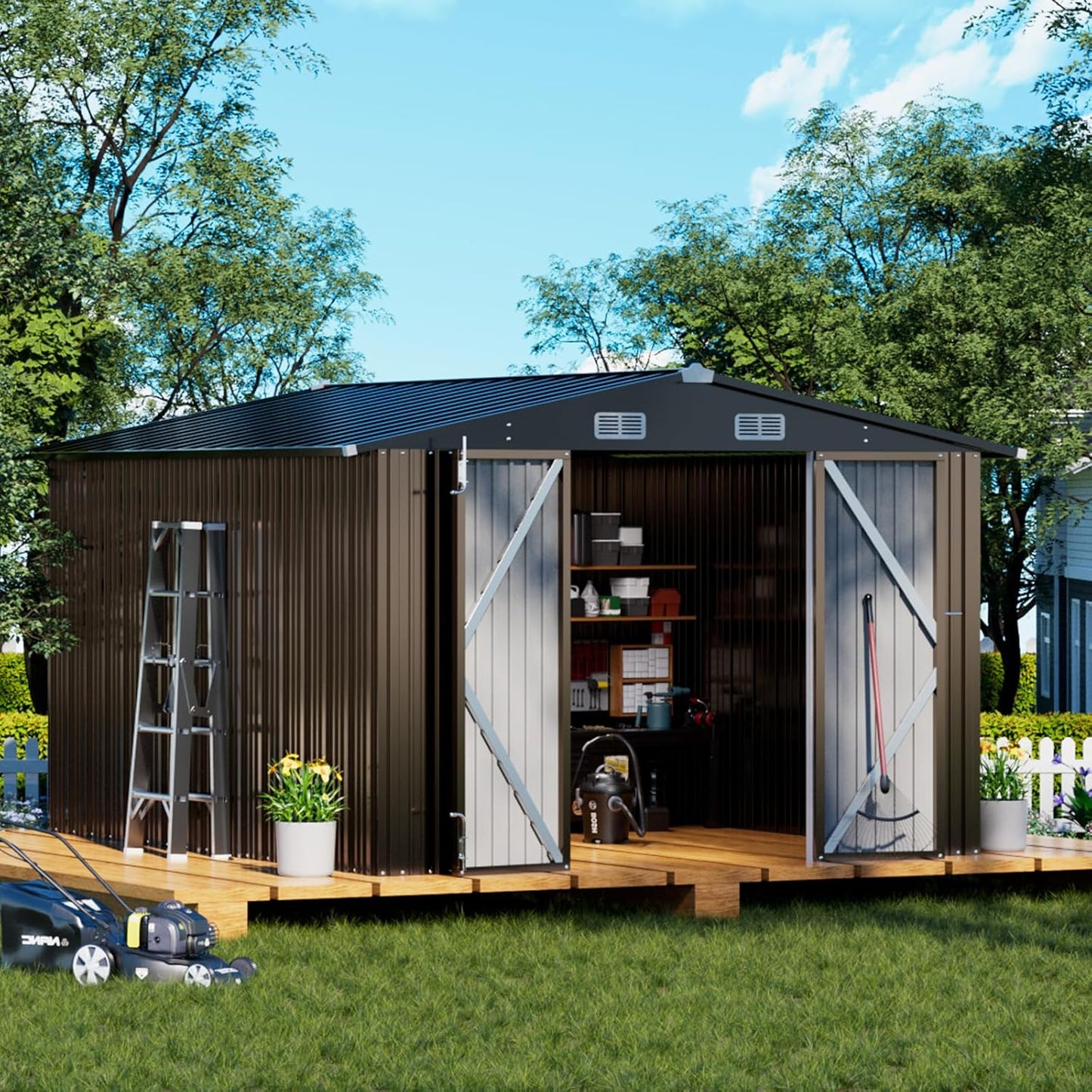 COMHOMA Shed Outdoor Storage Shed Metal,Lockable Doors Tool Sheds with Sloping Roof,Steel Garden Shed with Air Vent for Backyard,Patio,Lawn,Poolside (Grey, 5x3)