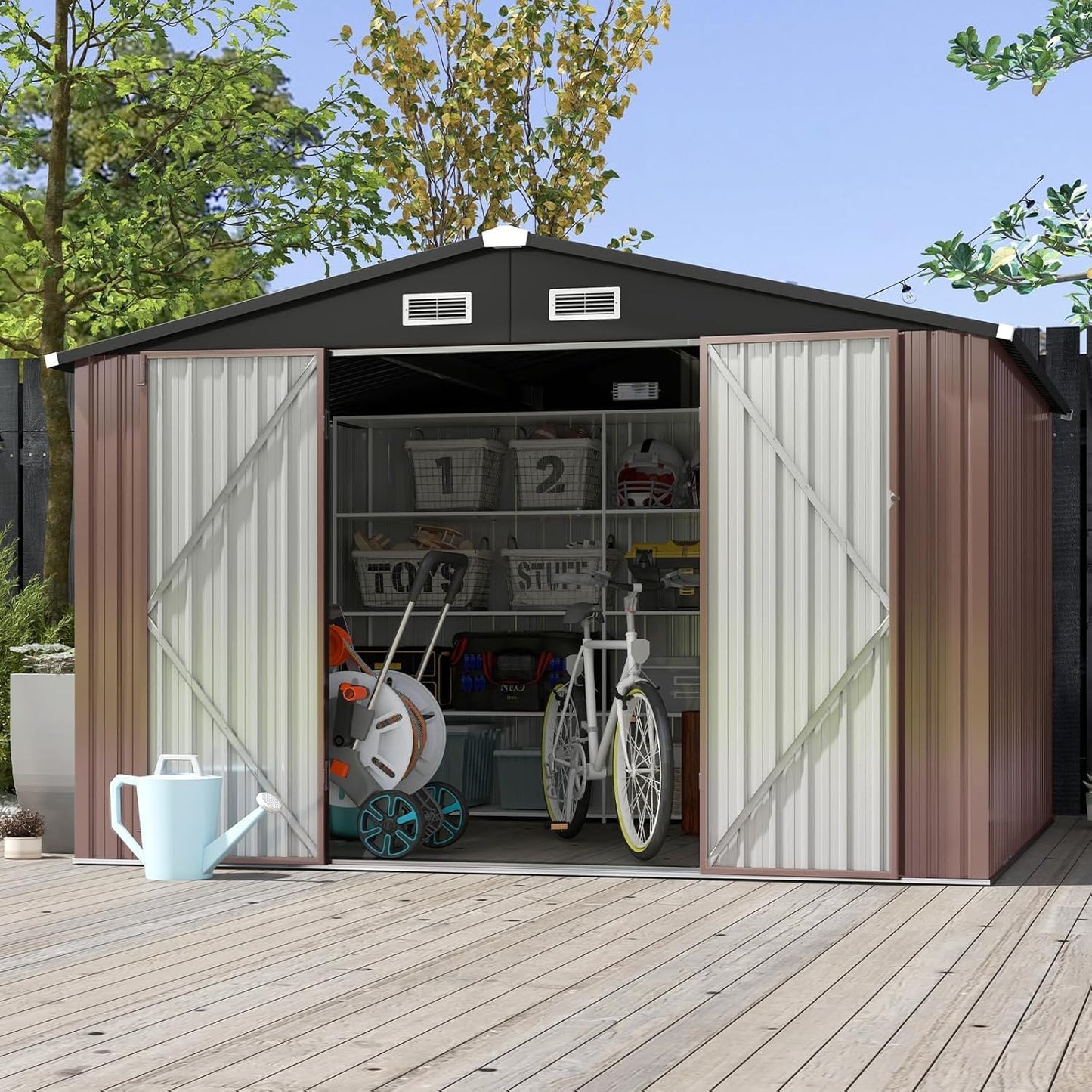 Aoxun 6.2x4 FT Shed Outdoor Storage Shed with Lockable Doors & Slooping Roof Metal Garden Tool Shed for Backyard, Patio, Poolside (Brown)