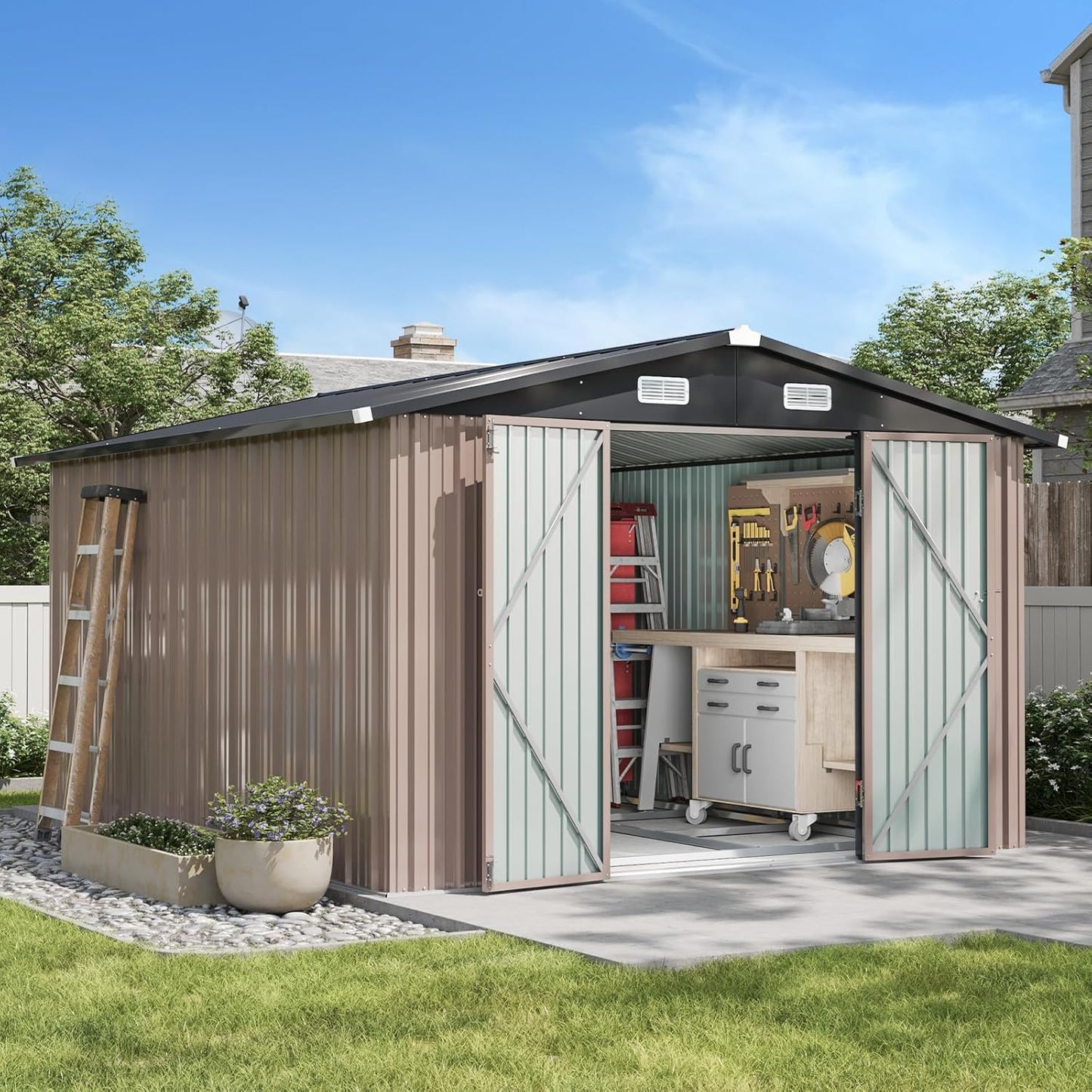Aoxun 10 x 12FT Outdoor Storage Shed with Double Hinged Large Door Utility Garden Shed with Lockable Door & Sloped Roof Metal Sheds Outdoor Storage for Garden, Backyard, Patio and Backyard, Brown