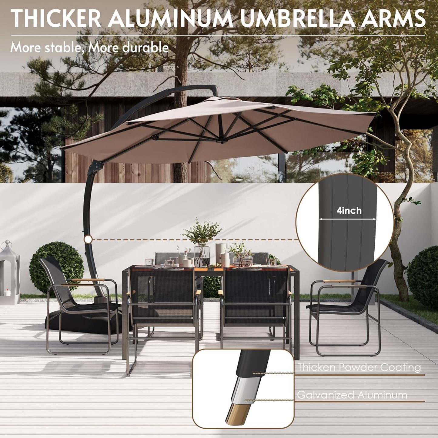 8-Piece patio furniture set with 11ft Cantilever aluminum umbrella, patio table and chairs set includes 6 Texlin Chairs, 1 Metal Table