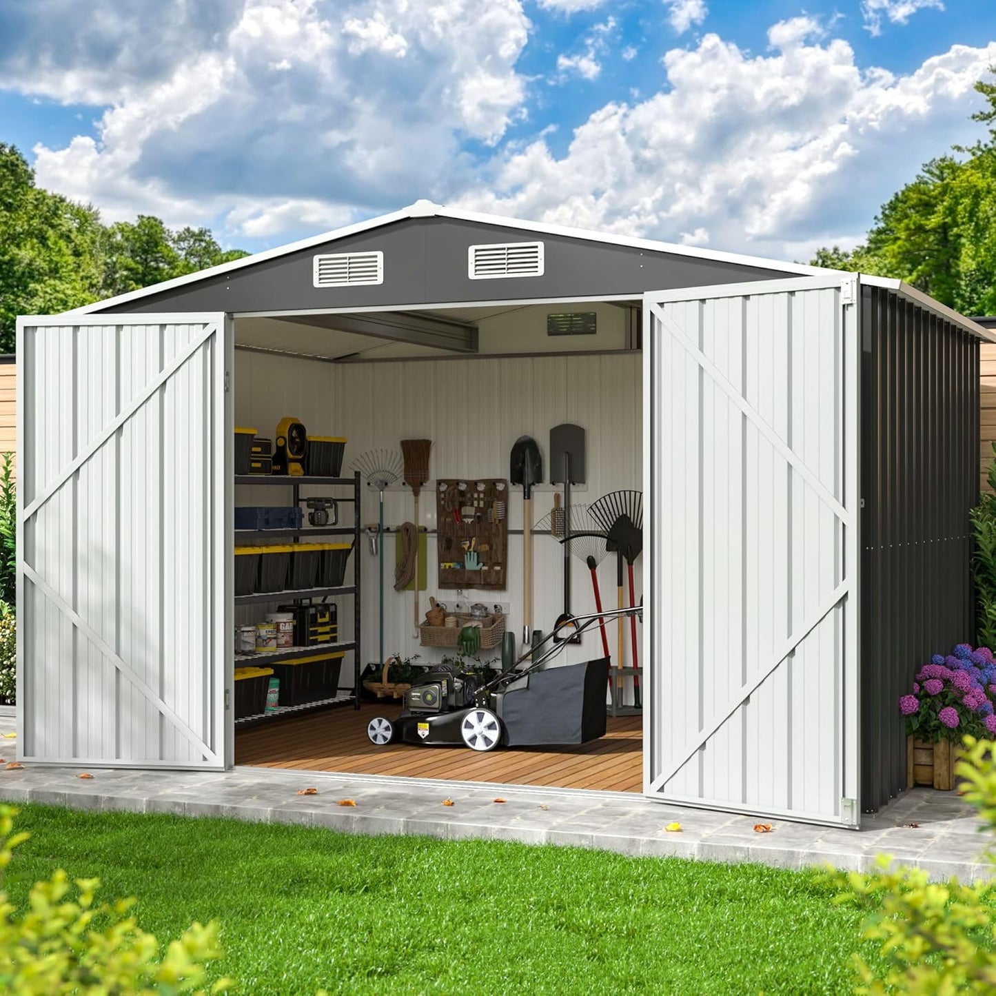 10x8 FT Outdoor Storage Shed, Metal Garden Tool Shed with Updated Frame Structure and Lockable Doors, Ideal for Backyard Garden Patio Lawn, Grey