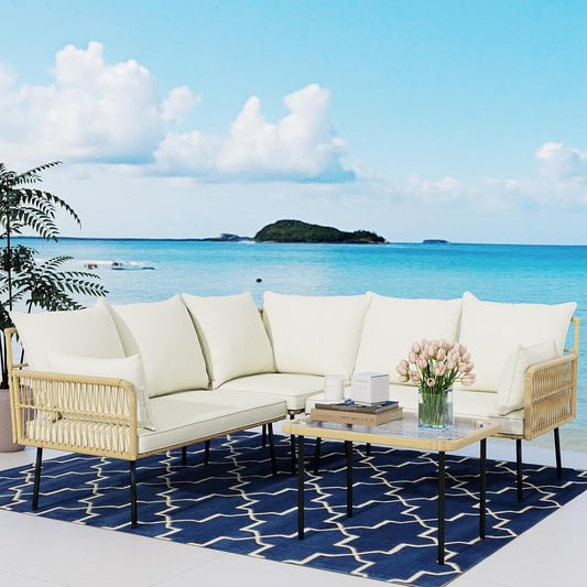 LYNSLIM Patio Furniture Set, Outdoor All-Weather Rattan Patio Sectional Couch Set, Boho Outdoor Sofa Set with Water Resistant Thick Cushions of Garden, Backyard (4 Piece Large Patio Furniture Set)