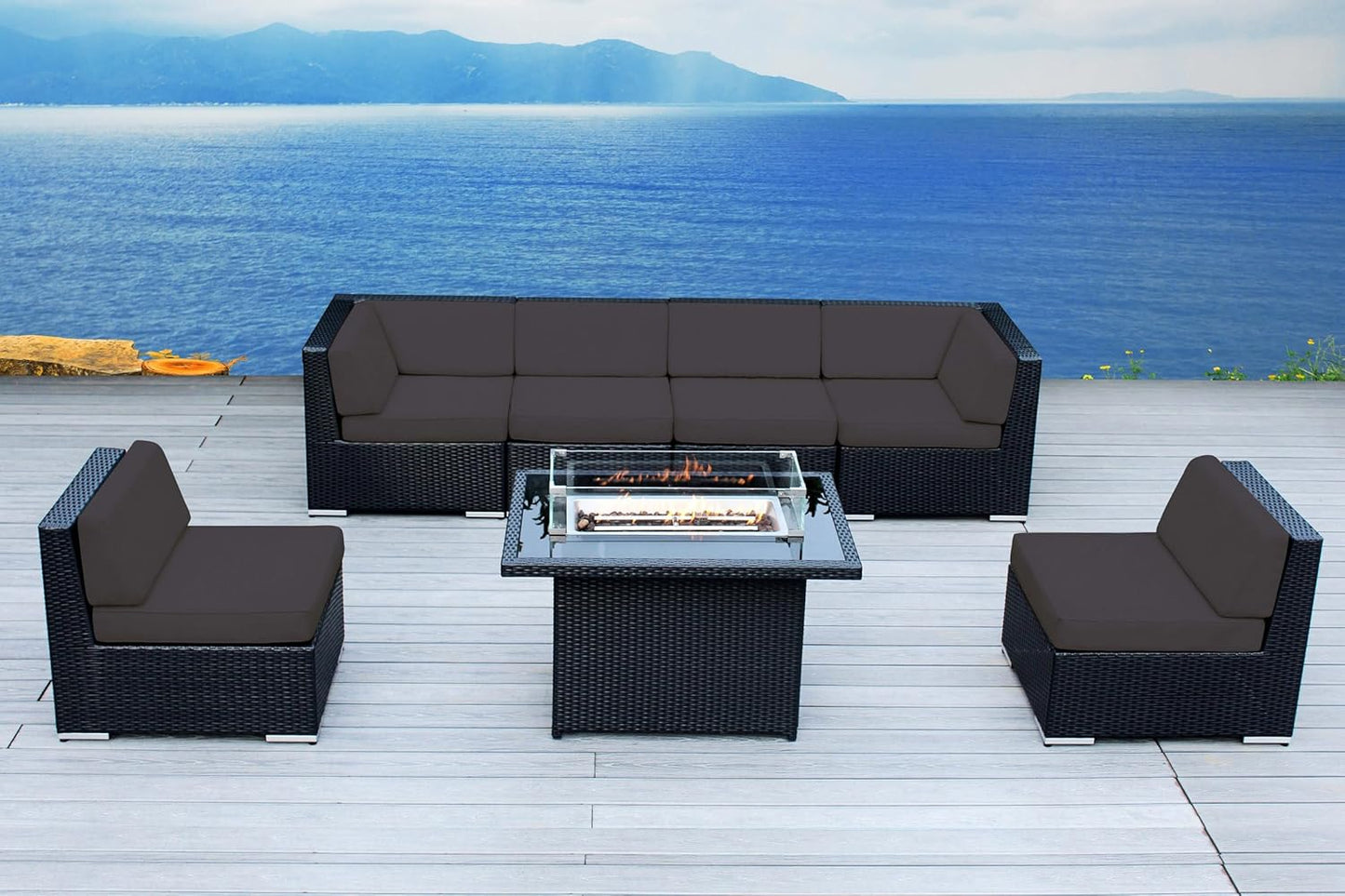 7 Piece Outdoor Patio Furniture Black Wicker Conversation Set with Fully Assembled Sectional and 42-inch Propane Gas Fire Table