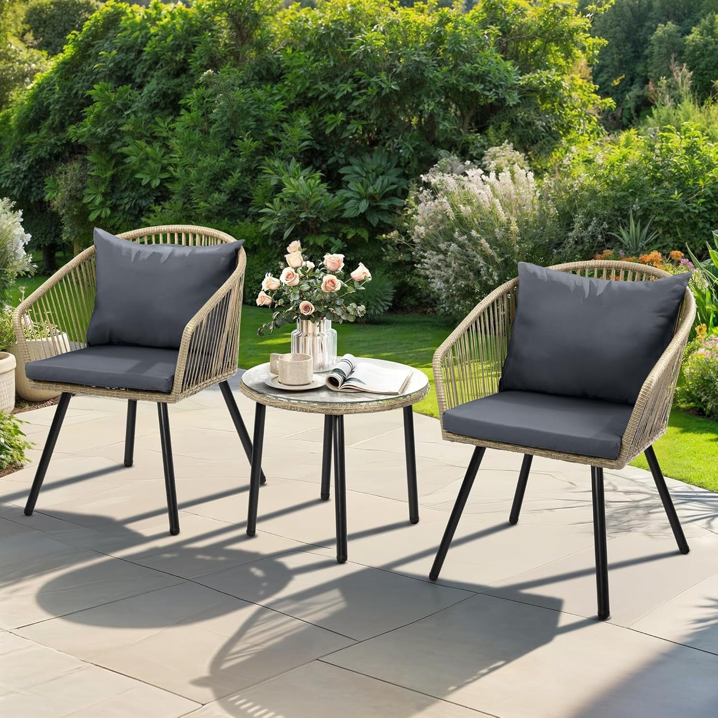 DWVO Bistro Table and Chairs Set of 2, Outdoor Patio Furniture Set with Cushion Chairs and Glass Table, Front Porch Furniture for Backyard, Deck, and Balcony, Gray