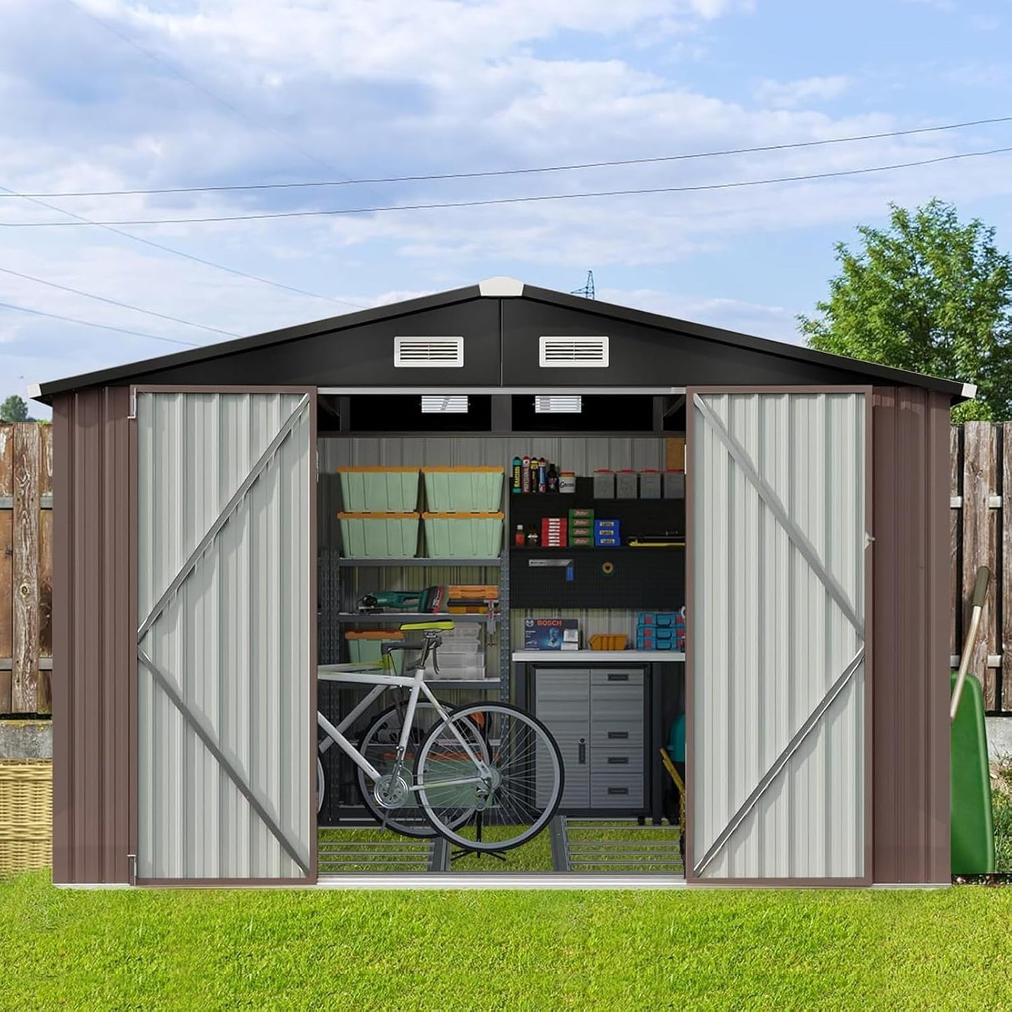 Aoxun 6.2x4 FT Shed Outdoor Storage Shed with Lockable Doors & Slooping Roof Metal Garden Tool Shed for Backyard, Patio, Poolside (Brown)