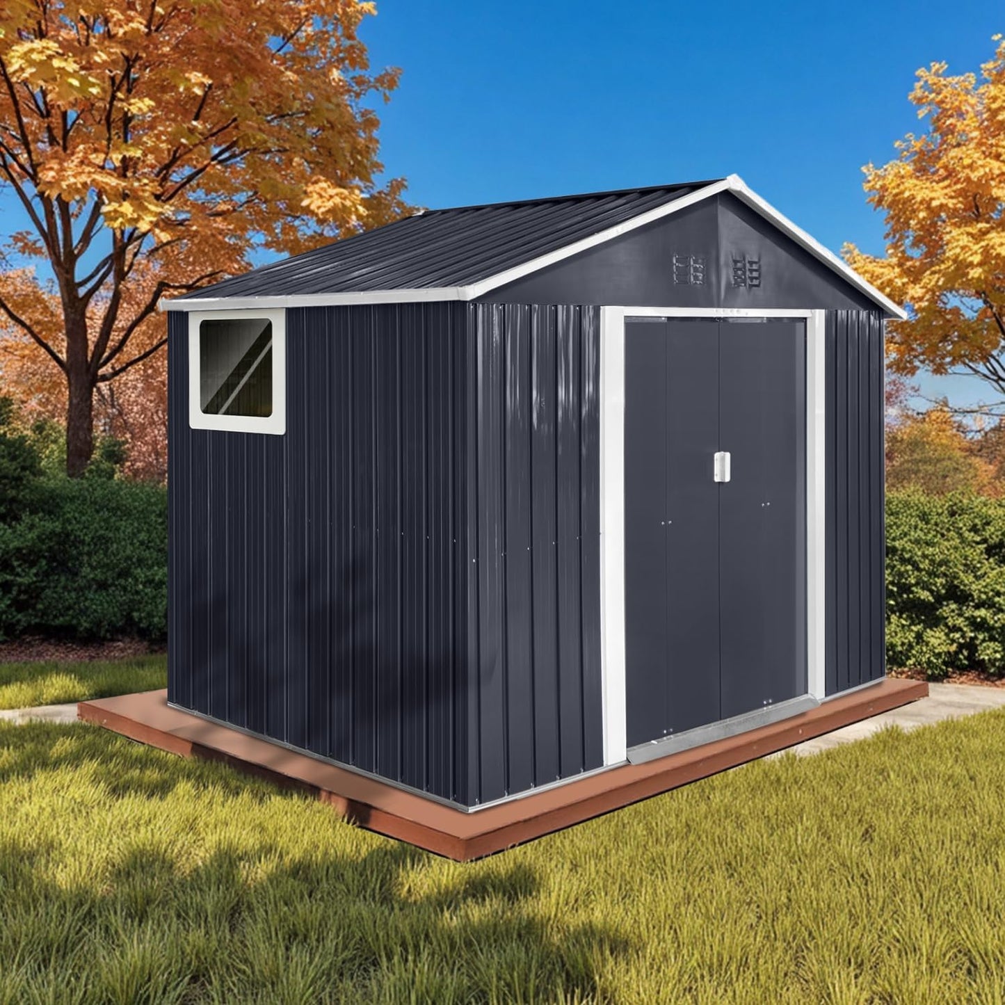 12x10 Ft Storage Shed Outdoor, XL Permanent Steel Building with Window, Sliding Doors and 4 Air Vents for Backyard Garden Patio Lawn - Black
