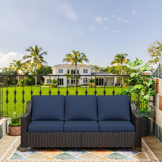 77'' Patio Sofa, All Weather Outdoor Rattan Wicker 3-Seat Sofa High Back Couch with Premium Cushions for Garden Backyard Porch(Brown/Navy)