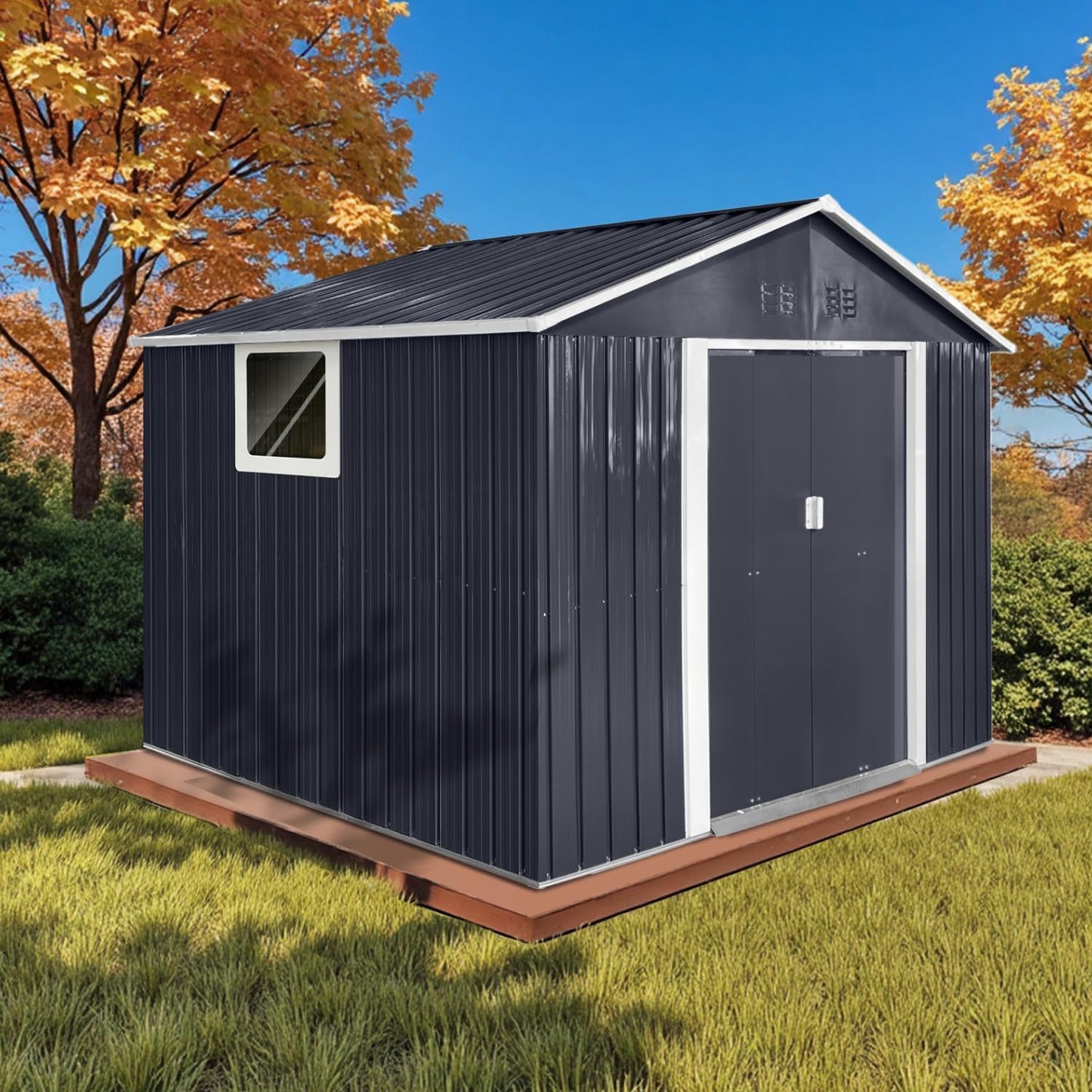12x10 Ft Storage Shed Outdoor, XL Permanent Steel Building with Window, Sliding Doors and 4 Air Vents for Backyard Garden Patio Lawn - Black
