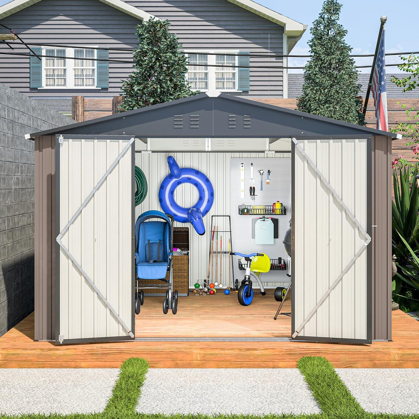 Large Storage Shed 11x12.5ft with Windows, Galvanized Steel Outdoor Garden Shed - 900 Cu.Ft Utility Tool Room, Lockable Double Doors & Sloped Roof for Patio, Backyard (Brown)