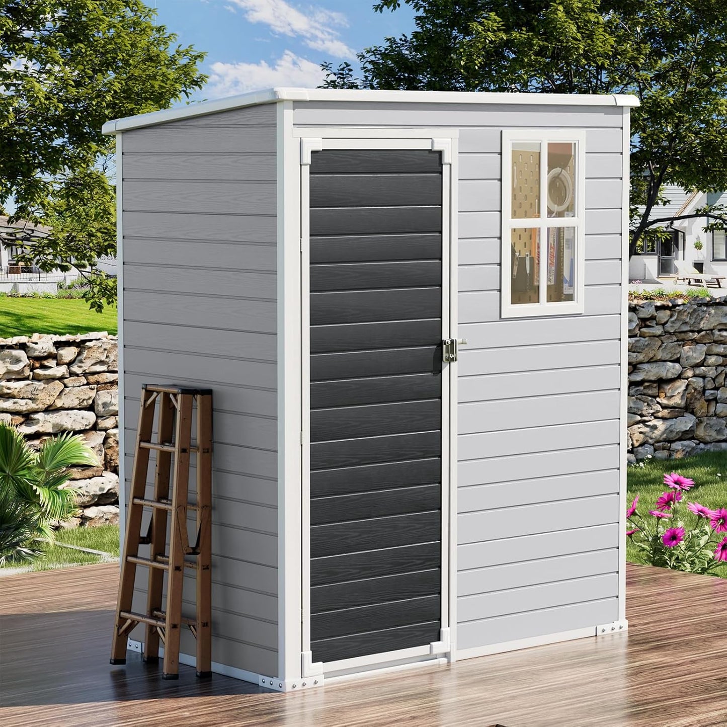 8x6x7 FT Resin Storage Shed, Waterproof Outdoor Storage Shed w/Floor, 2 Windows, Double Lockable Doors & Vents, Tool Shed for Patio Garden, Lawn, Backyard, Dove Grey