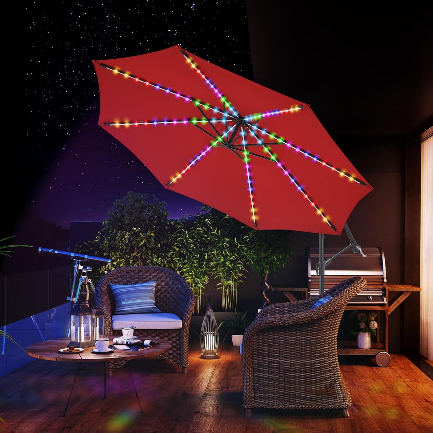 10 ft Offset Patio Umbrella with Solar Lights, Large Cantilever Outdoor Umbrellas for Patio, Dual Charging, 200+ Light Modes, Heavy Duty, for Pool, Deck, Market