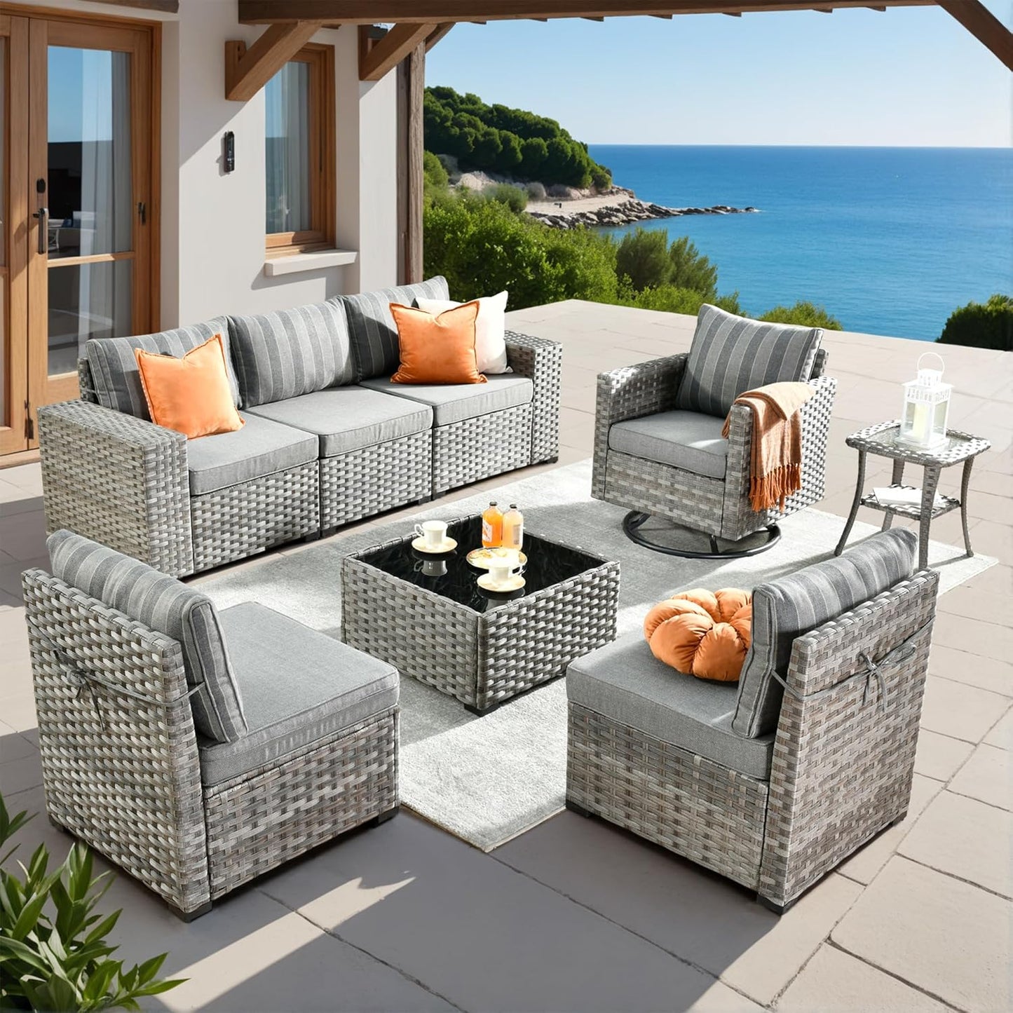 ovios 16 Pieces Patio Furniture Set, Outdoor Wicker Sectional Sofa with 54" Fire Pit Table Swivel Chairs, Modern Modular Deep Seat Rattan Couch Conversation Sets, Beige