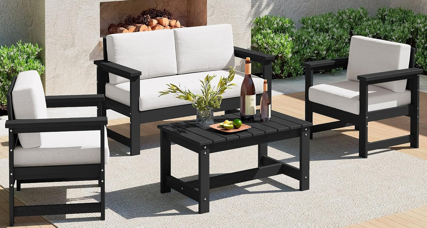 SERWALL 8 Pieces HDPE Outdoor Conversation Sofa Set with Cushions, All Weather Use Patio Couch Loveseat Furniture with Side Table for Balcony, Deck, Poolside, Black Frame with Khaki Cushions