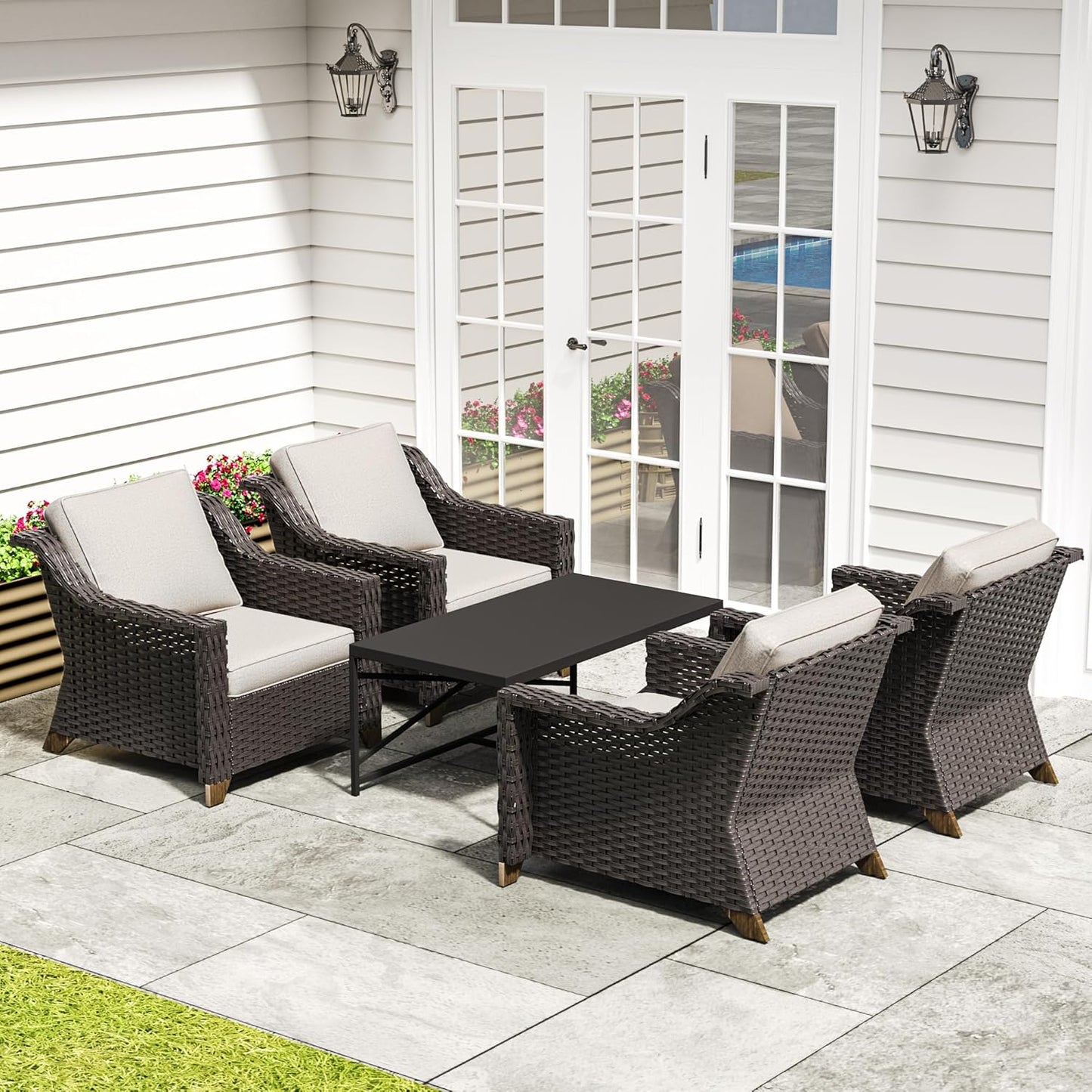77'' Patio Sofa, All Weather Outdoor Rattan Wicker 3-Seat Sofa High Back Couch with Premium Cushions for Garden Backyard Porch(Brown/Navy)