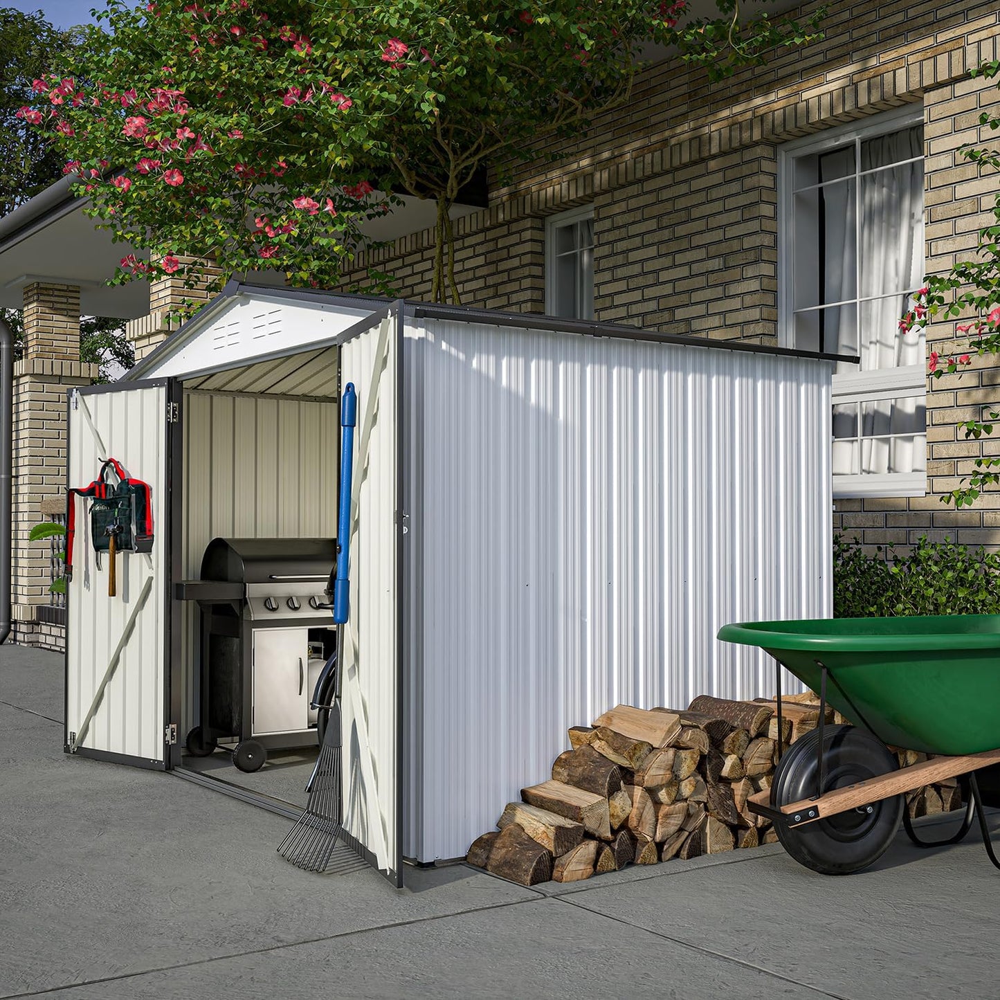 Large Storage Shed 11x12.5ft with Windows, Galvanized Steel Outdoor Garden Shed - 900 Cu.Ft Utility Tool Room, Lockable Double Doors & Sloped Roof for Patio, Backyard (Brown)