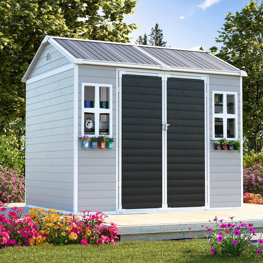 8x6x7 FT Resin Storage Shed, Waterproof Outdoor Storage Shed w/Floor, 2 Windows, Double Lockable Doors & Vents, Tool Shed for Patio Garden, Lawn, Backyard, Dove Grey
