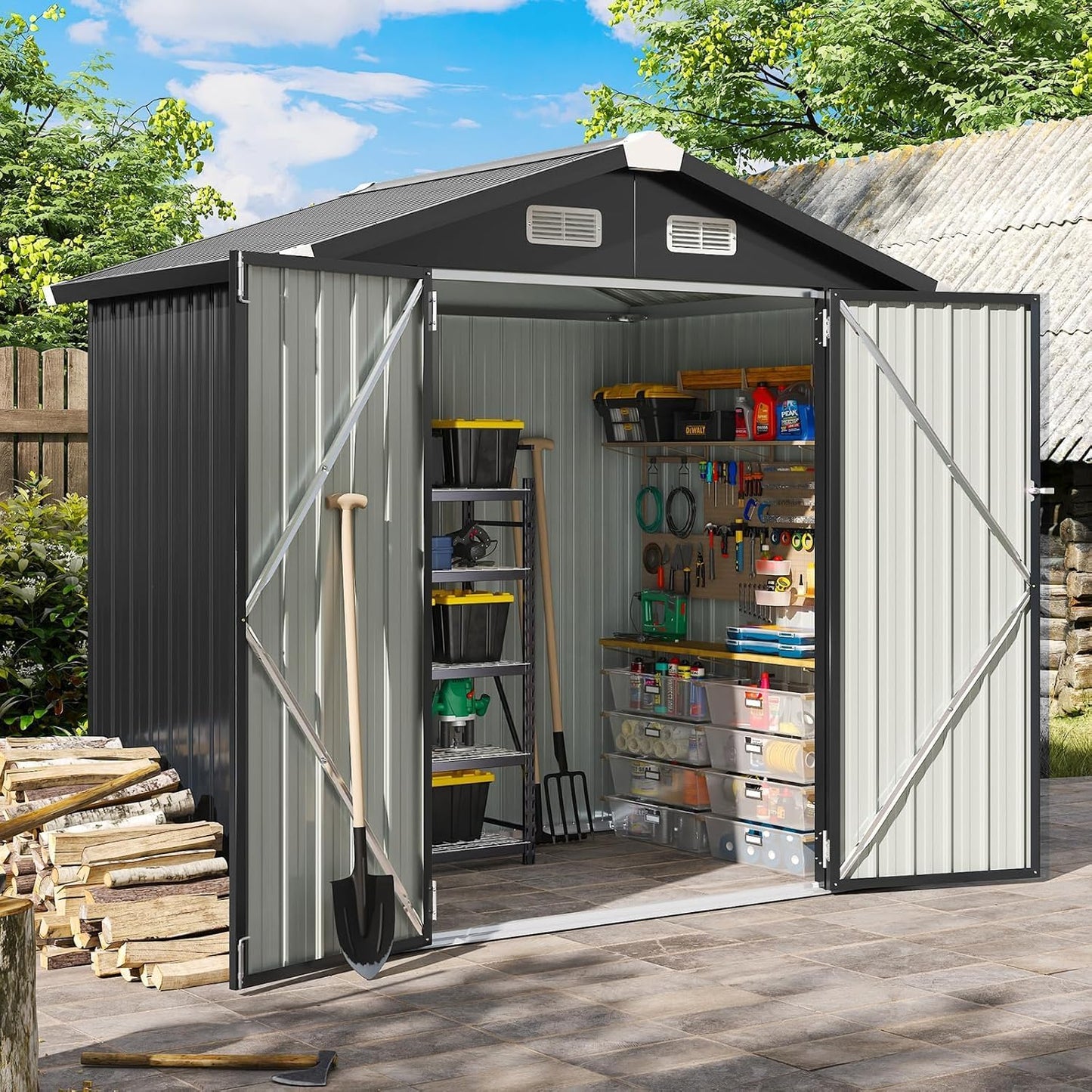 Aoxun 6.2x4 FT Shed Outdoor Storage Shed with Lockable Doors & Slooping Roof Metal Garden Tool Shed for Backyard, Patio, Poolside (Brown)