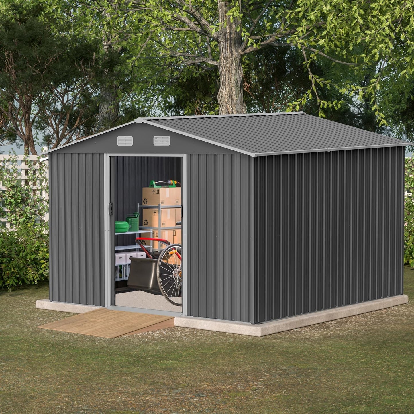 Large Storage Shed 11x12.5ft with Windows, Galvanized Steel Outdoor Garden Shed - 900 Cu.Ft Utility Tool Room, Lockable Double Doors & Sloped Roof for Patio, Backyard (Brown)