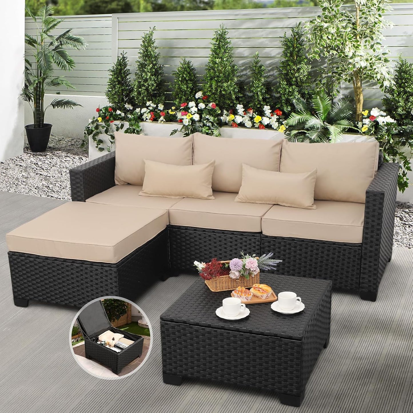 Rattaner 3 Pieces Patio Furniture Set Outdoor Sectional Wicker Patio Furniture Patio Couch with Ottoman and Outdoor Storage Table All-Weather Anti-Slip Cushions Waterproof Covers, Light Grey