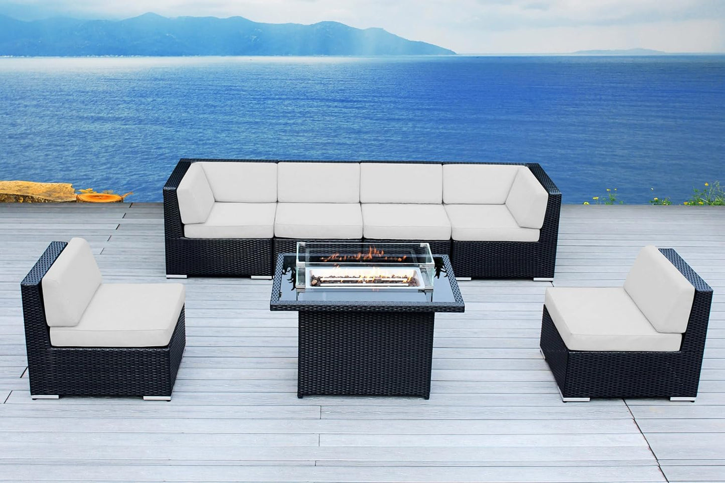 7 Piece Outdoor Patio Furniture Black Wicker Conversation Set with Fully Assembled Sectional and 42-inch Propane Gas Fire Table