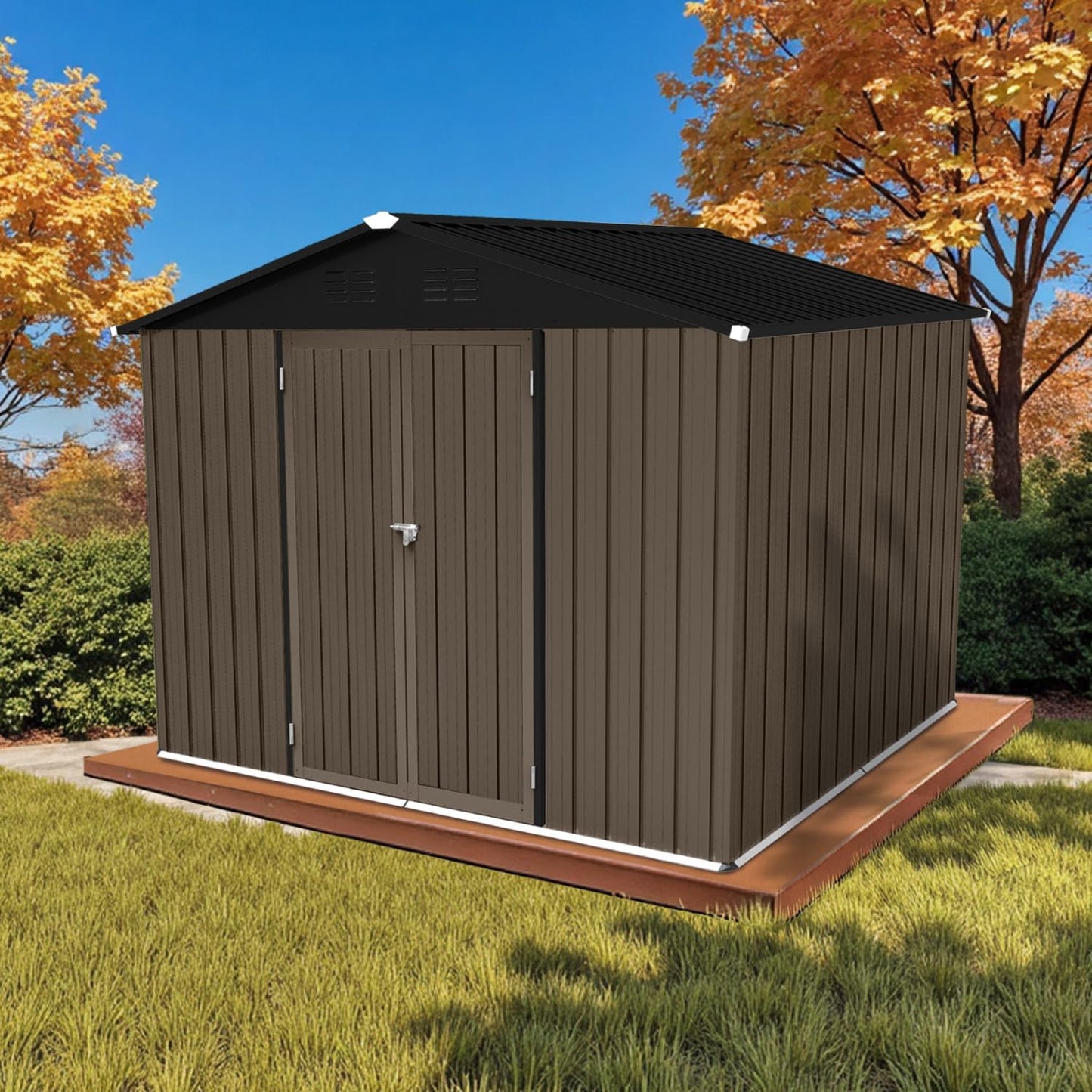 12x10 Ft Storage Shed Outdoor, XL Permanent Steel Building with Window, Sliding Doors and 4 Air Vents for Backyard Garden Patio Lawn - Black