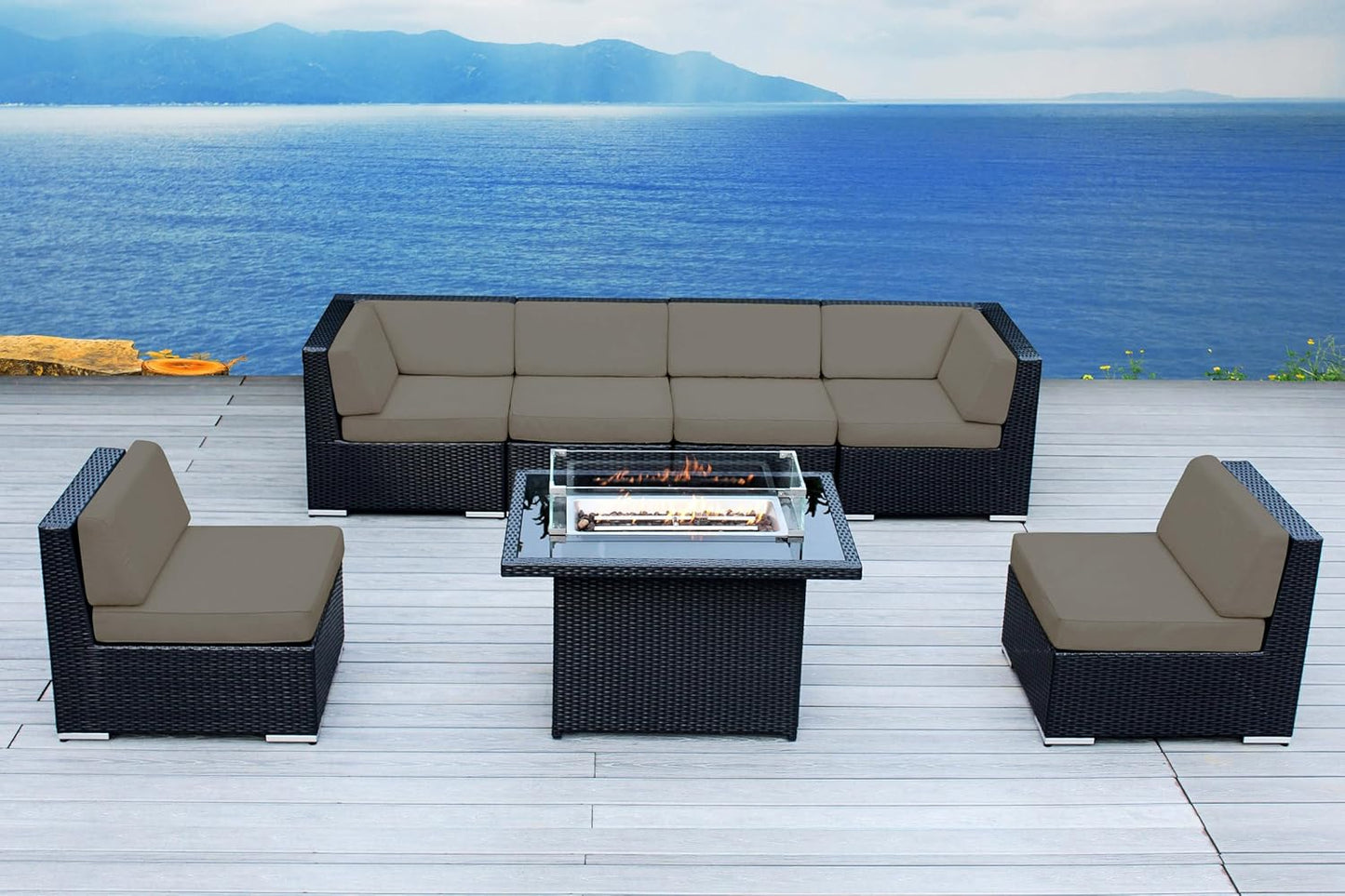 7 Piece Outdoor Patio Furniture Black Wicker Conversation Set with Fully Assembled Sectional and 42-inch Propane Gas Fire Table