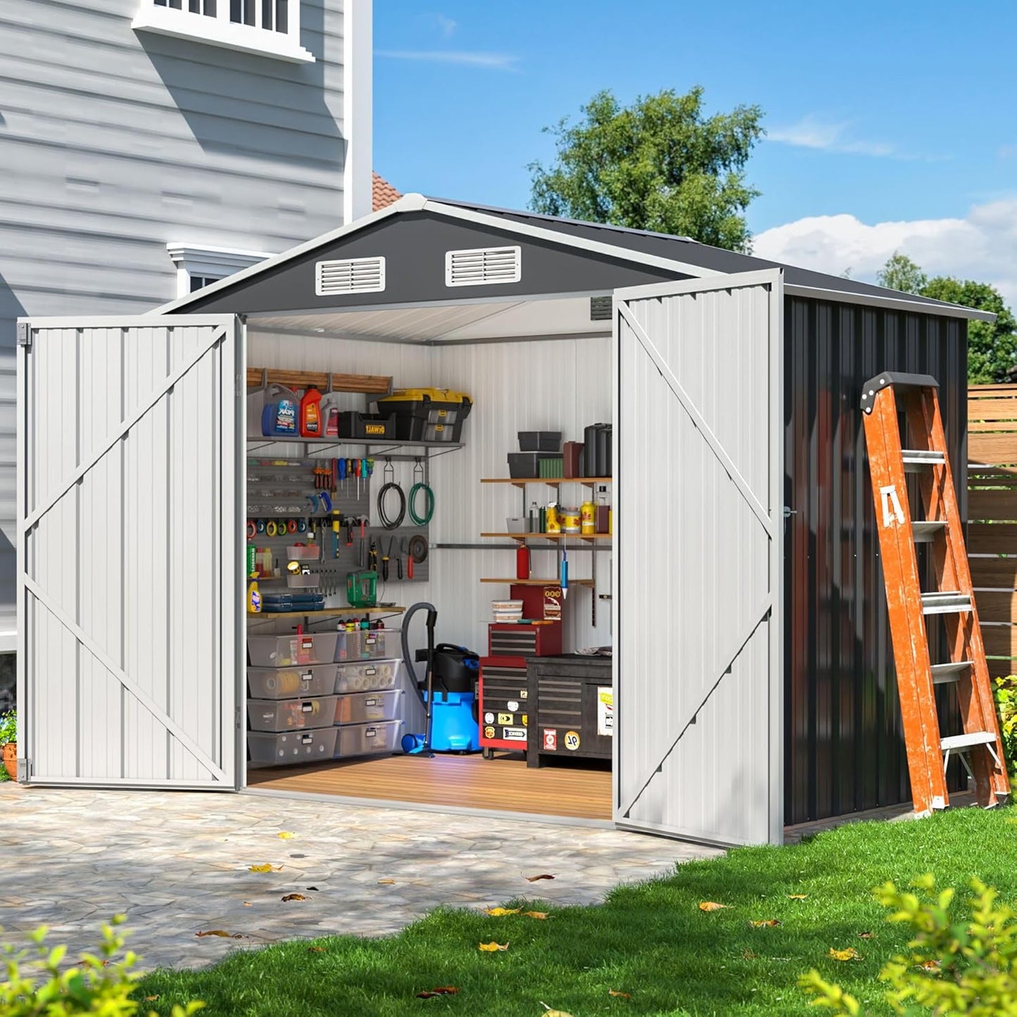 10x8 FT Outdoor Storage Shed, Metal Garden Tool Shed with Updated Frame Structure and Lockable Doors, Ideal for Backyard Garden Patio Lawn, Grey