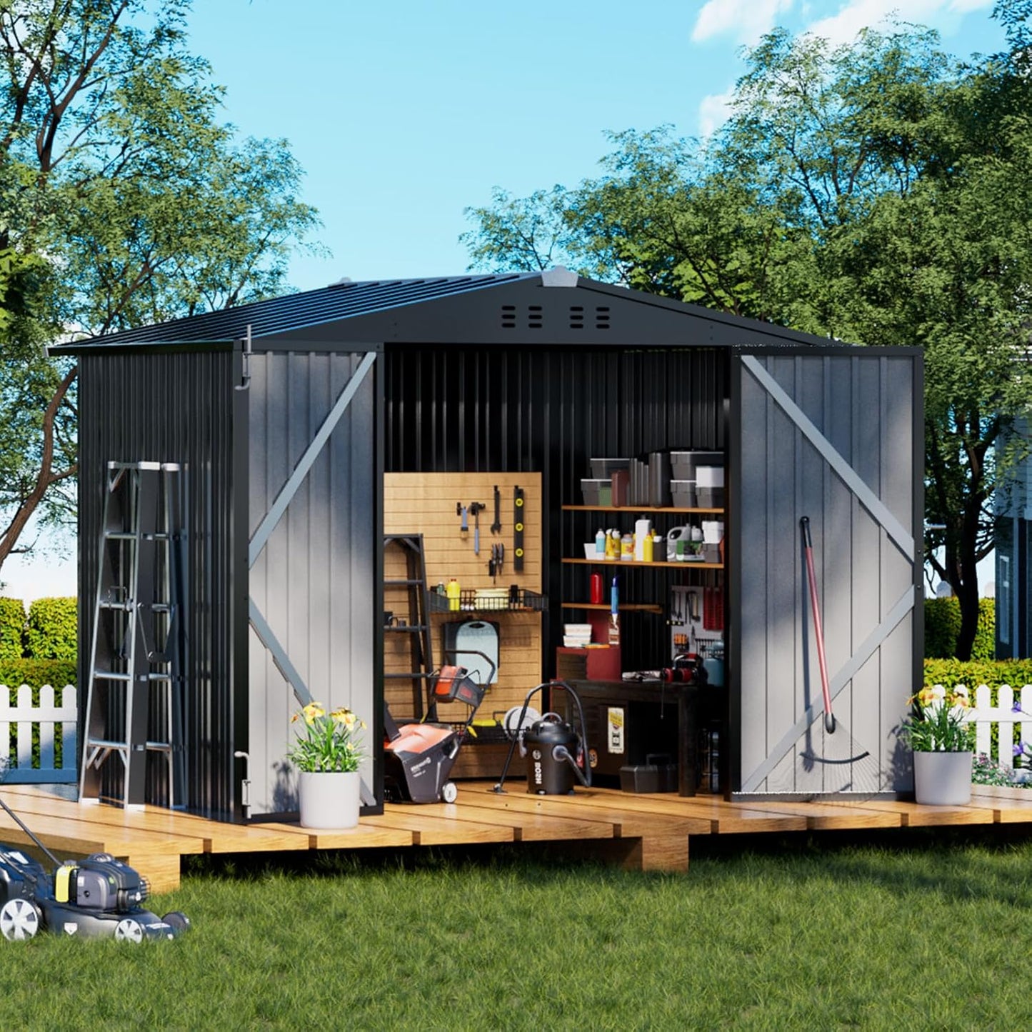 COMHOMA Shed Outdoor Storage Shed Metal,Lockable Doors Tool Sheds with Sloping Roof,Steel Garden Shed with Air Vent for Backyard,Patio,Lawn,Poolside (Grey, 5x3)