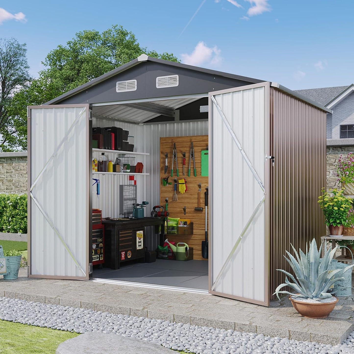 Aoxun 6.2x4 FT Shed Outdoor Storage Shed with Lockable Doors & Slooping Roof Metal Garden Tool Shed for Backyard, Patio, Poolside (Brown)