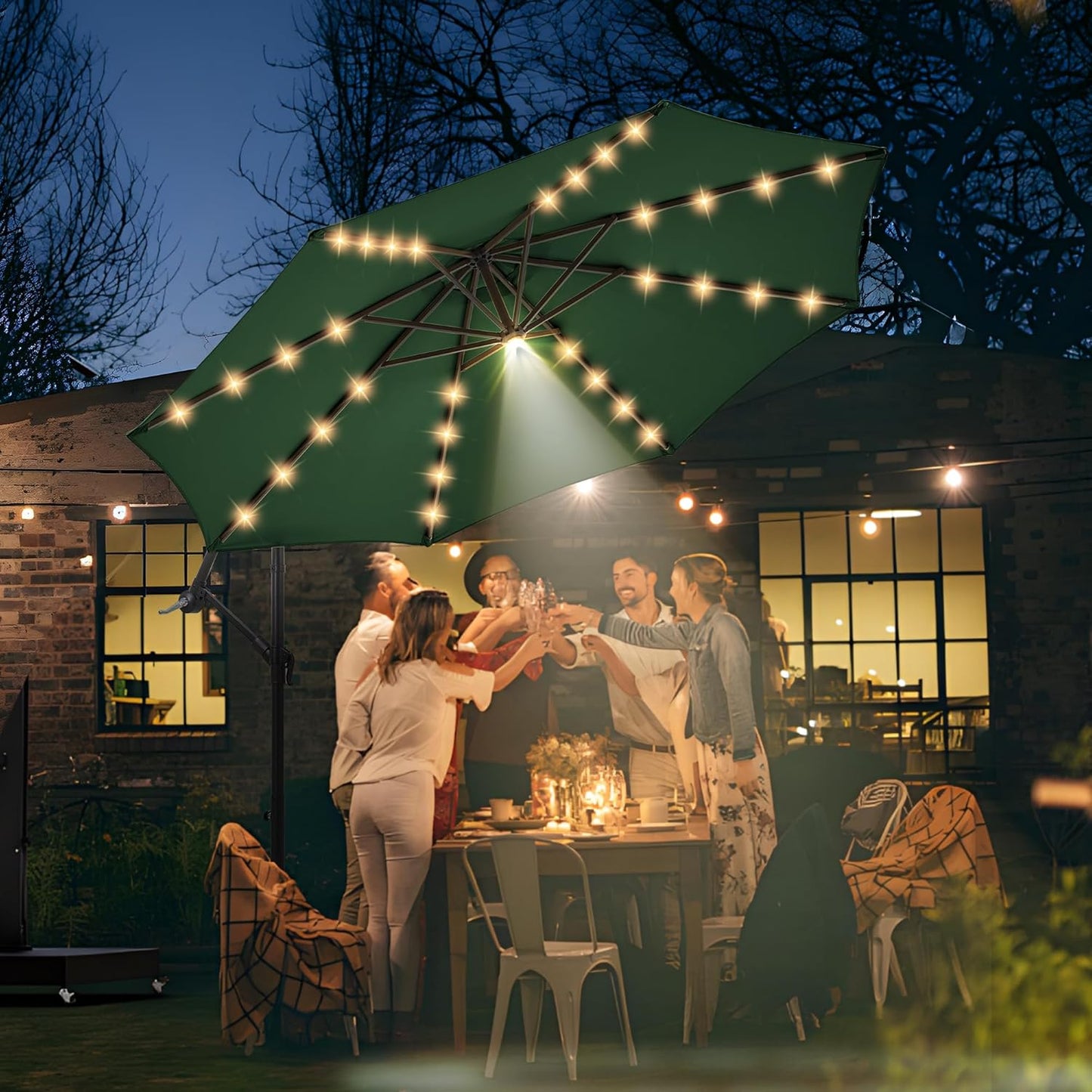 10 ft Offset Patio Umbrella with Solar Lights, 32 LED+1 Spotlight, Large Cantilever Umbrella Outdoor Patio, White & Warm Light Modes, Heavy Duty, for Pool, Deck, Market