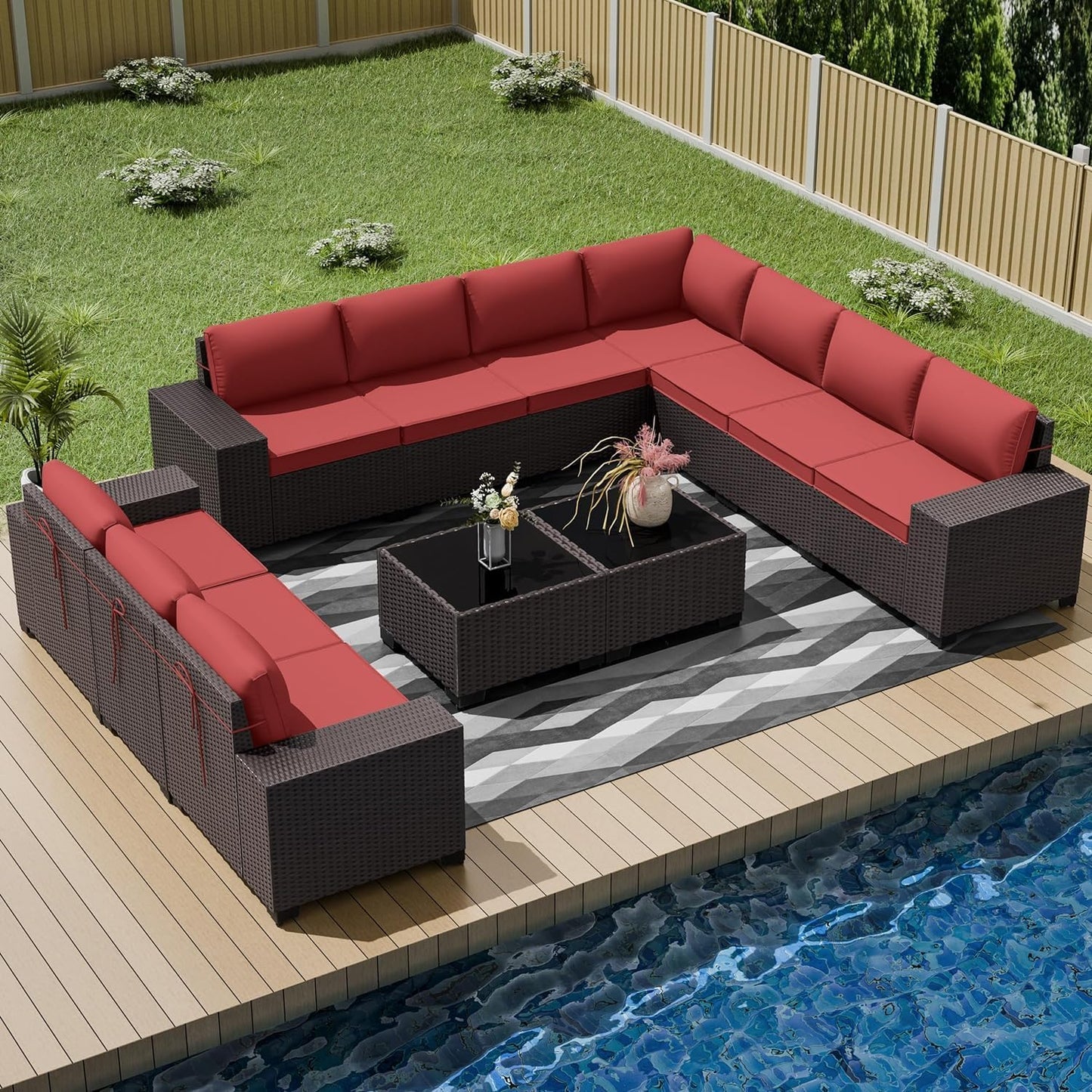 12 Pcs Outdoor Patio Furniture Set Outdoor Furniture All Weather Patio Sectional Sofa PE Wicker Modular Conversation Sets with Coffee Table, Swivel Rocking Chair (Grey)