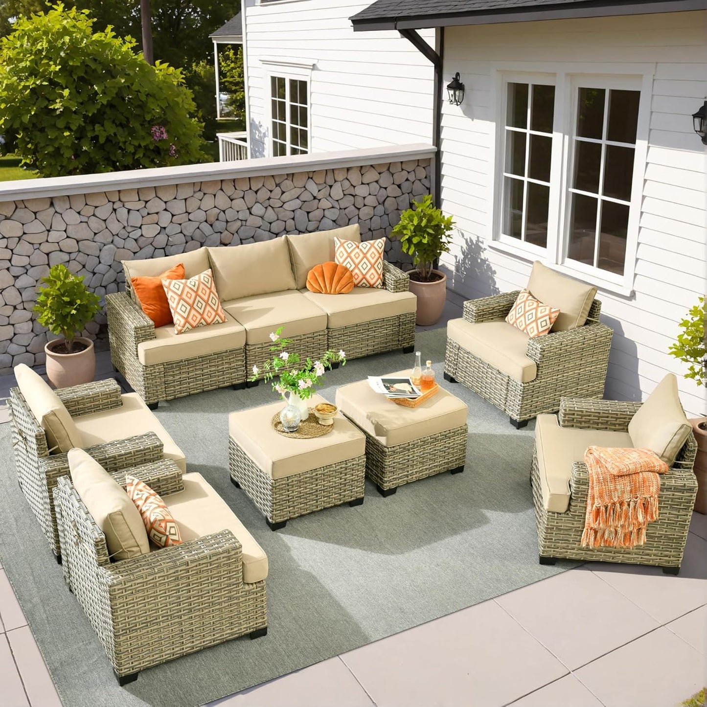 15-Piece Outdoor Sectional Sofa Set w/ 43" Fire Pit – L-Shaped Wicker Patio Furniture, Deep Seating & Swivel Rockers, Black