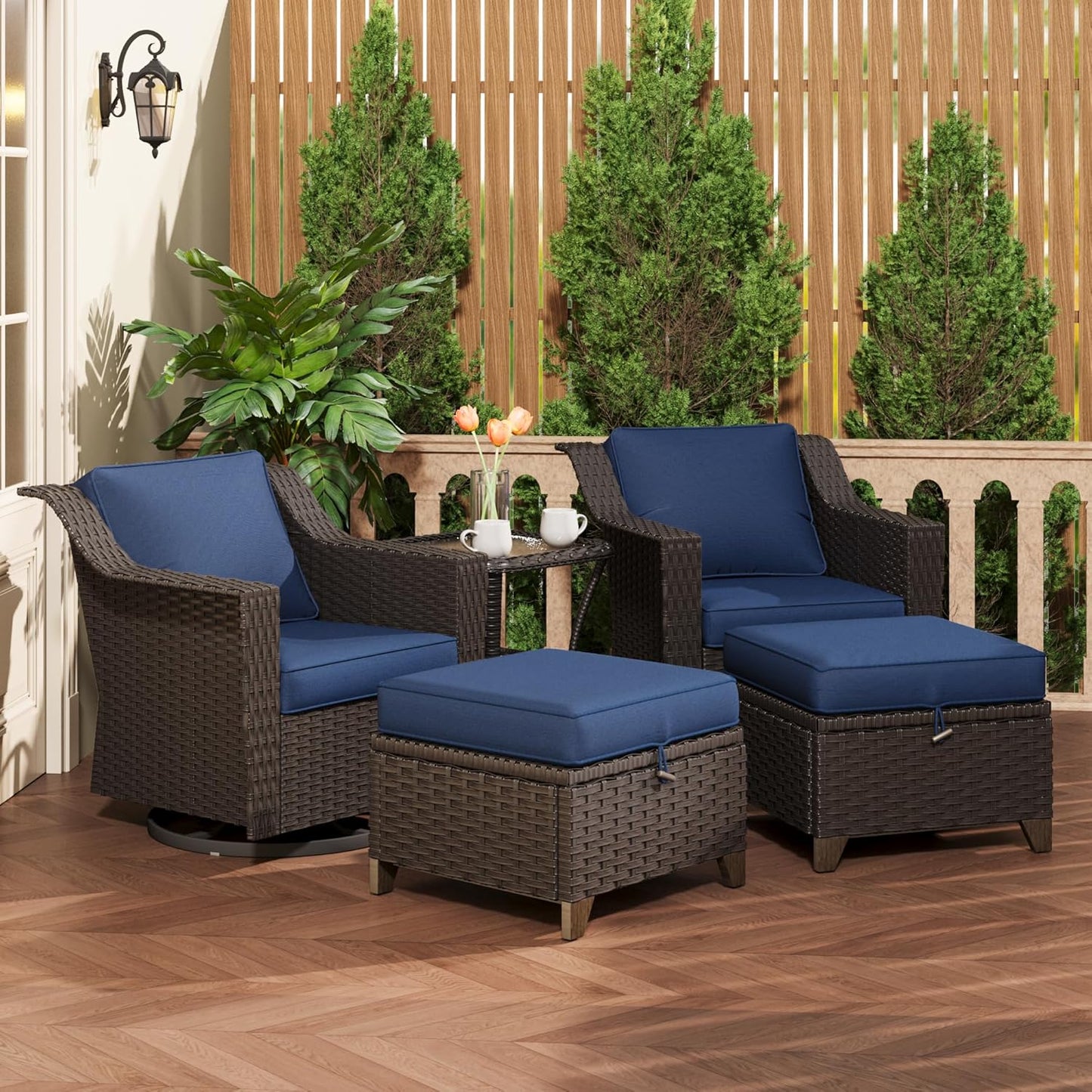 77'' Patio Sofa, All Weather Outdoor Rattan Wicker 3-Seat Sofa High Back Couch with Premium Cushions for Garden Backyard Porch(Brown/Navy)