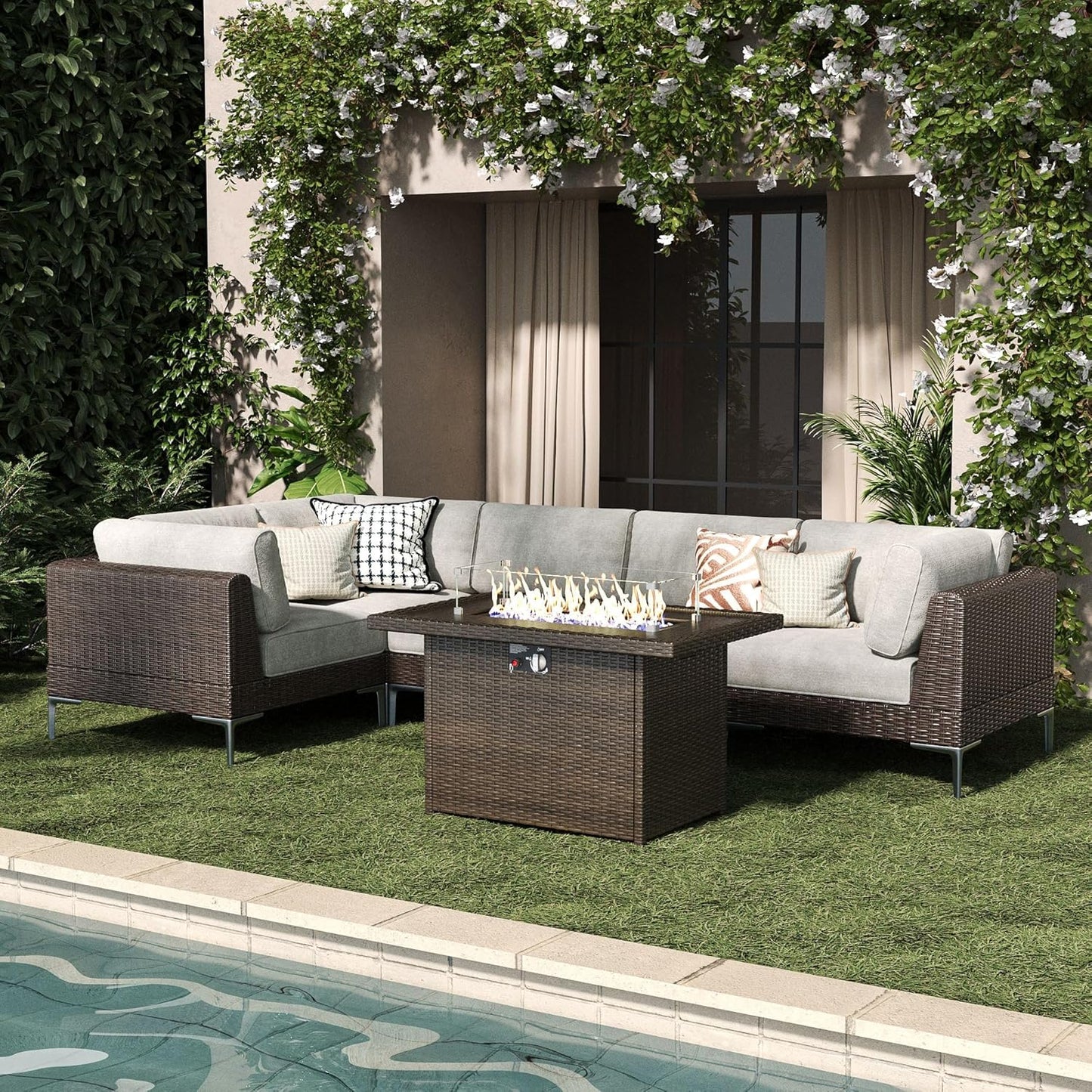 LayinSun 10-Piece Outdoor Modular Wicker Sectional Sofa with Fire Pit Table, Patio Furniture Conversation Set with Deep Seating and Thick Cushions
