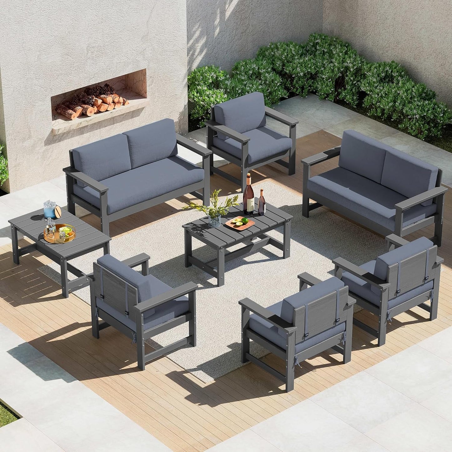 SERWALL 8 Pieces HDPE Outdoor Conversation Sofa Set with Cushions, All Weather Use Patio Couch Loveseat Furniture with Side Table for Balcony, Deck, Poolside, Black Frame with Khaki Cushions