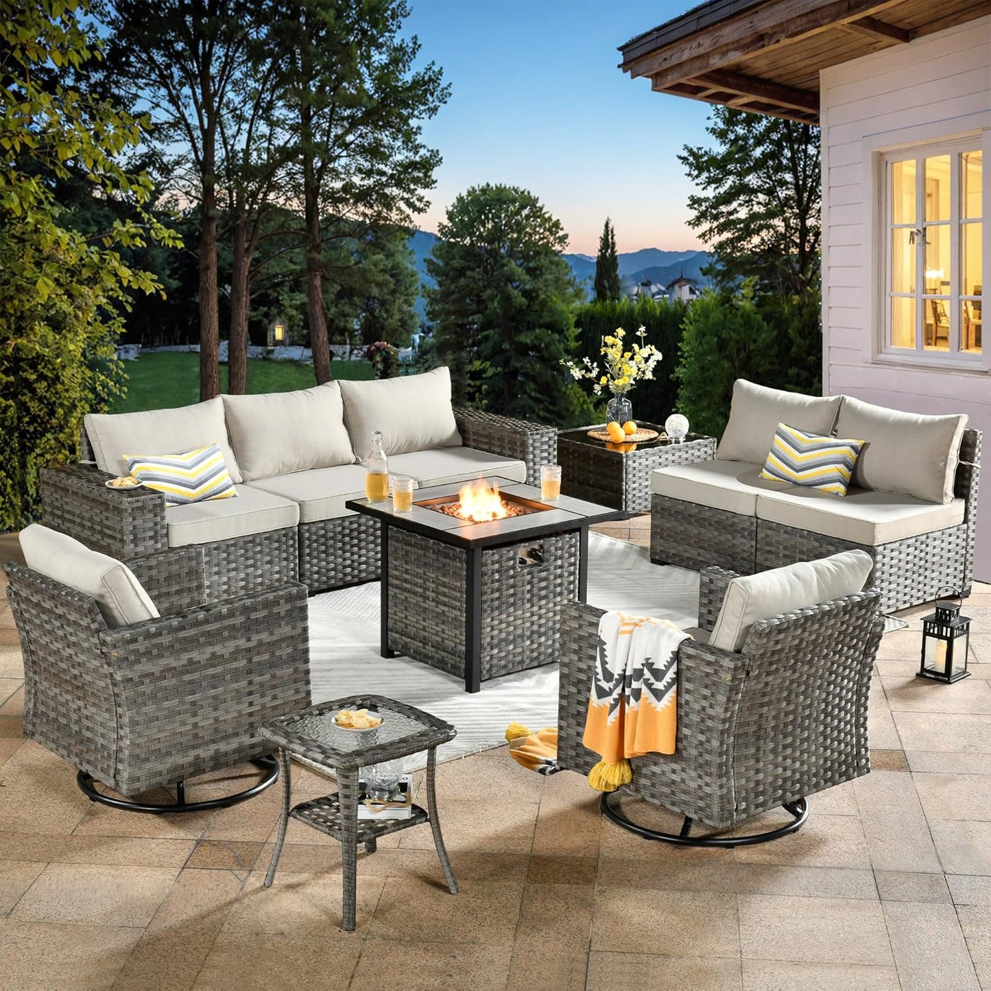 ovios 16 Pieces Patio Furniture Set, Outdoor Wicker Sectional Sofa with 54" Fire Pit Table Swivel Chairs, Modern Modular Deep Seat Rattan Couch Conversation Sets, Beige